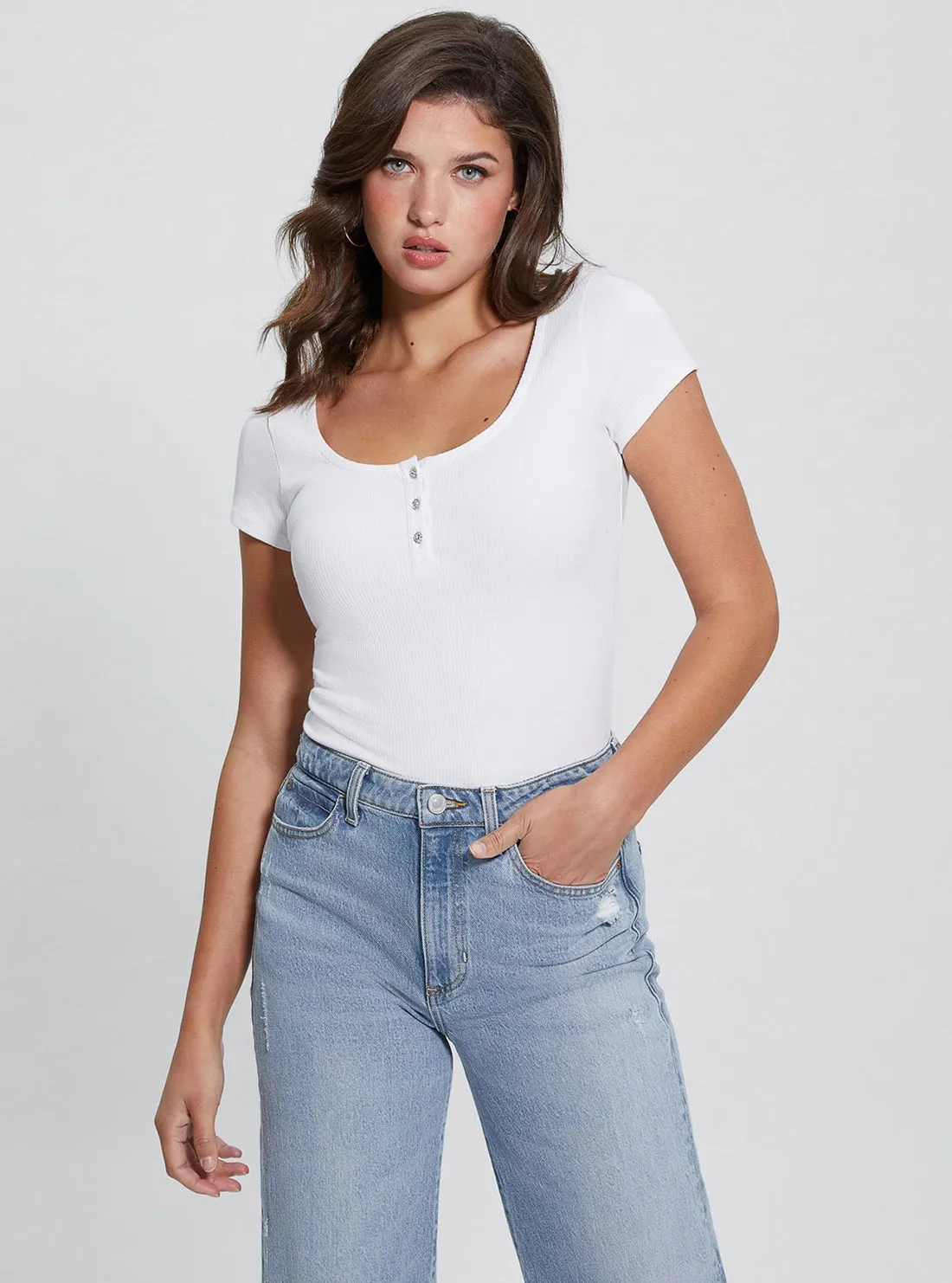 Versatile Fashion Non Restrictive Silhouette Eco White Karlee Jewel Henley T-Shirt