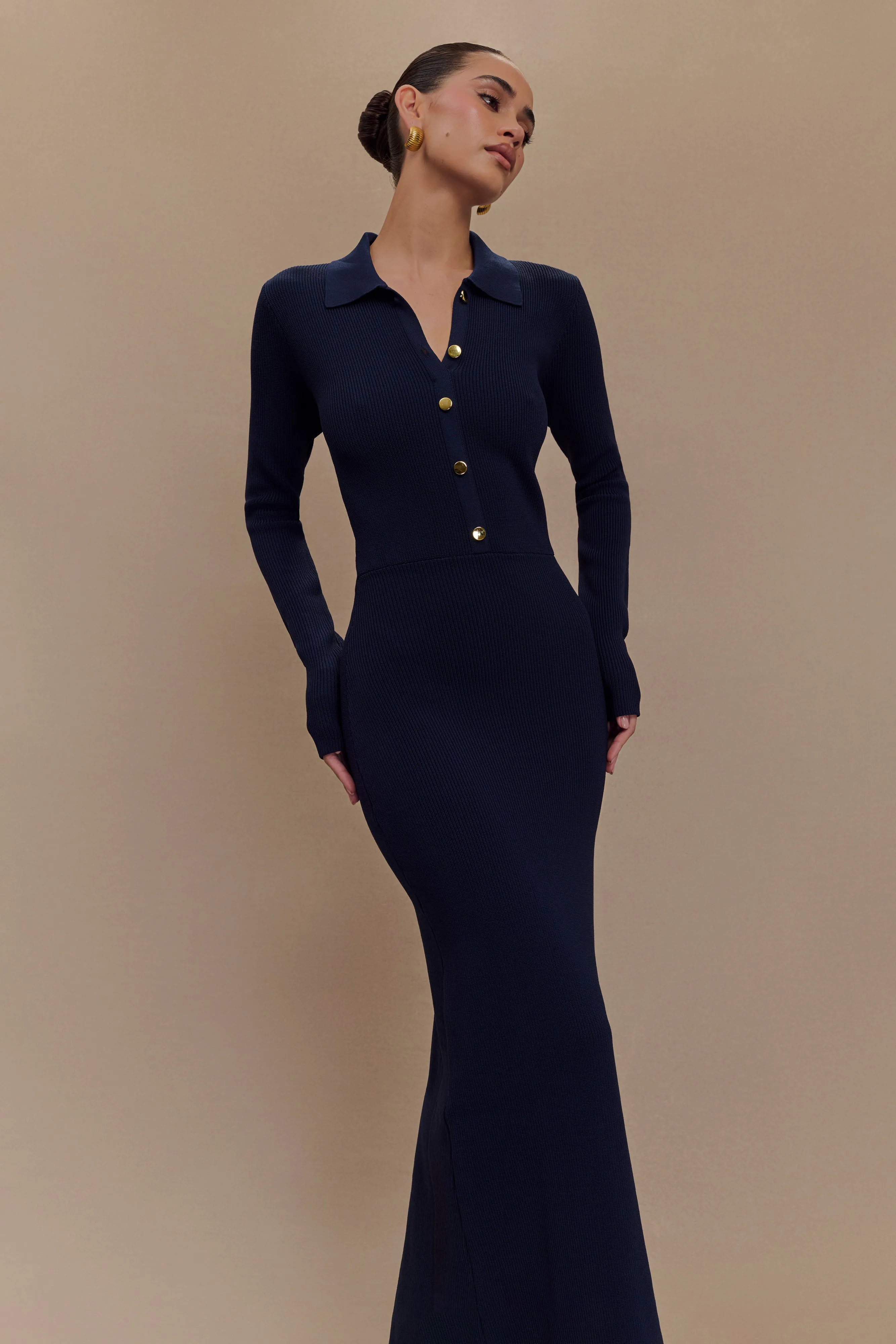 Abbey Buttoned Knit Midi Dress - Navy Cold-Shoulder