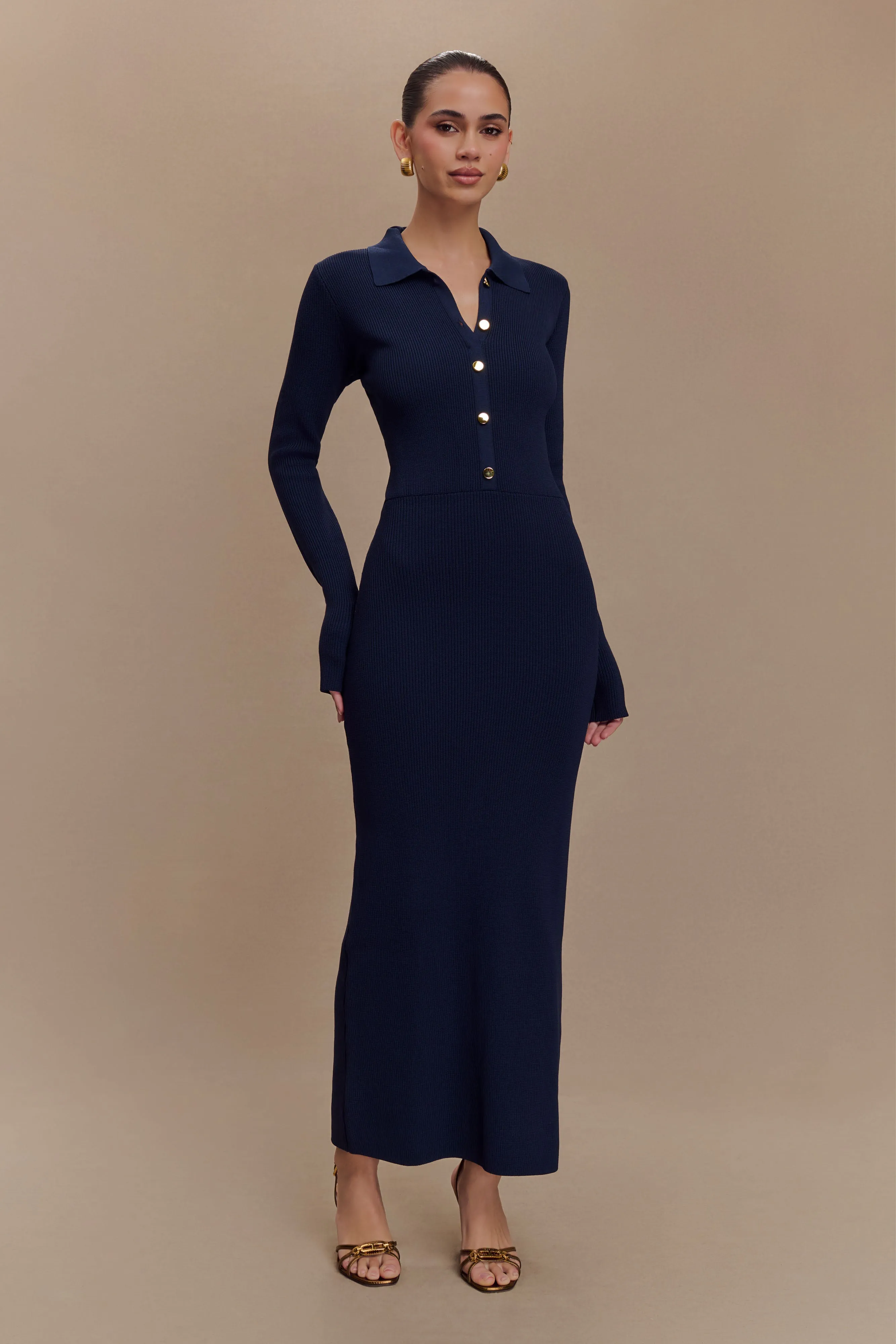Bright Appeal Abbey Buttoned Knit Midi Dress - Navy