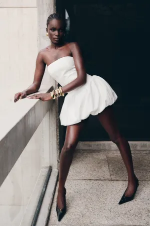 Clementina Strapless Bubble Mini Dress - White Flawless Waistband Fit Dry-Clean-Only