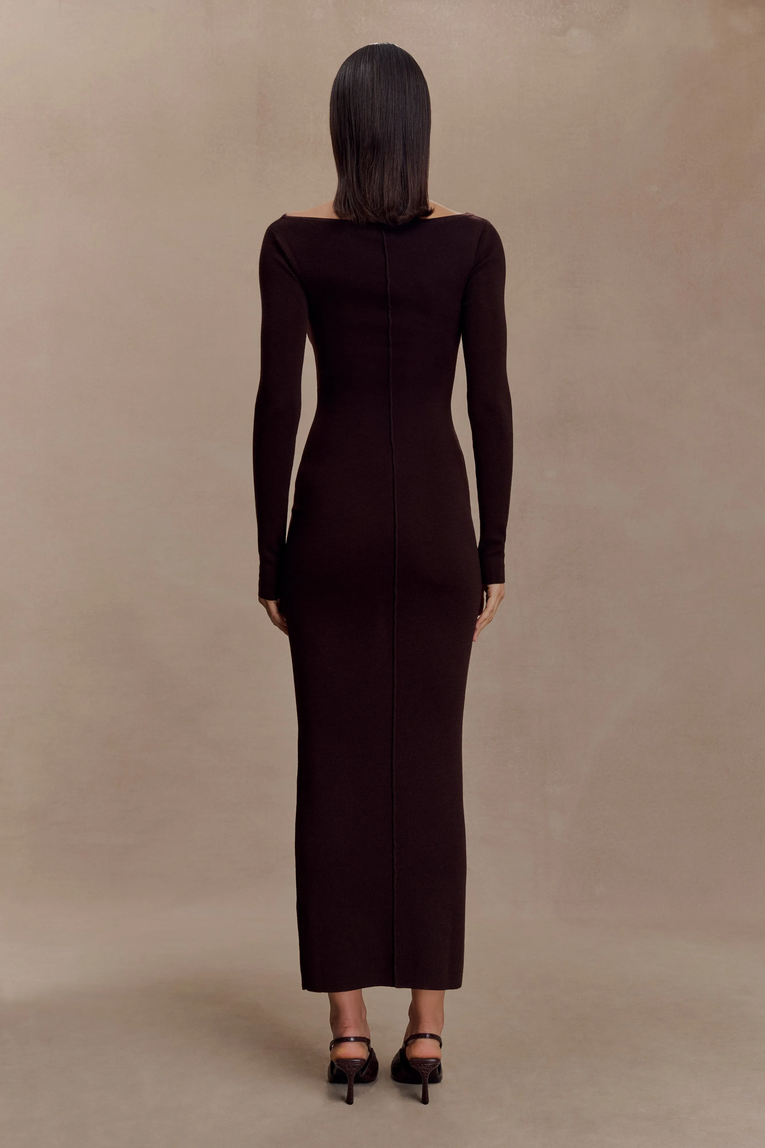 Luxe Look Fine Texture Cleona Merino Wool Ribbed Long Sleeve Maxi Dress - Deep Chocolate