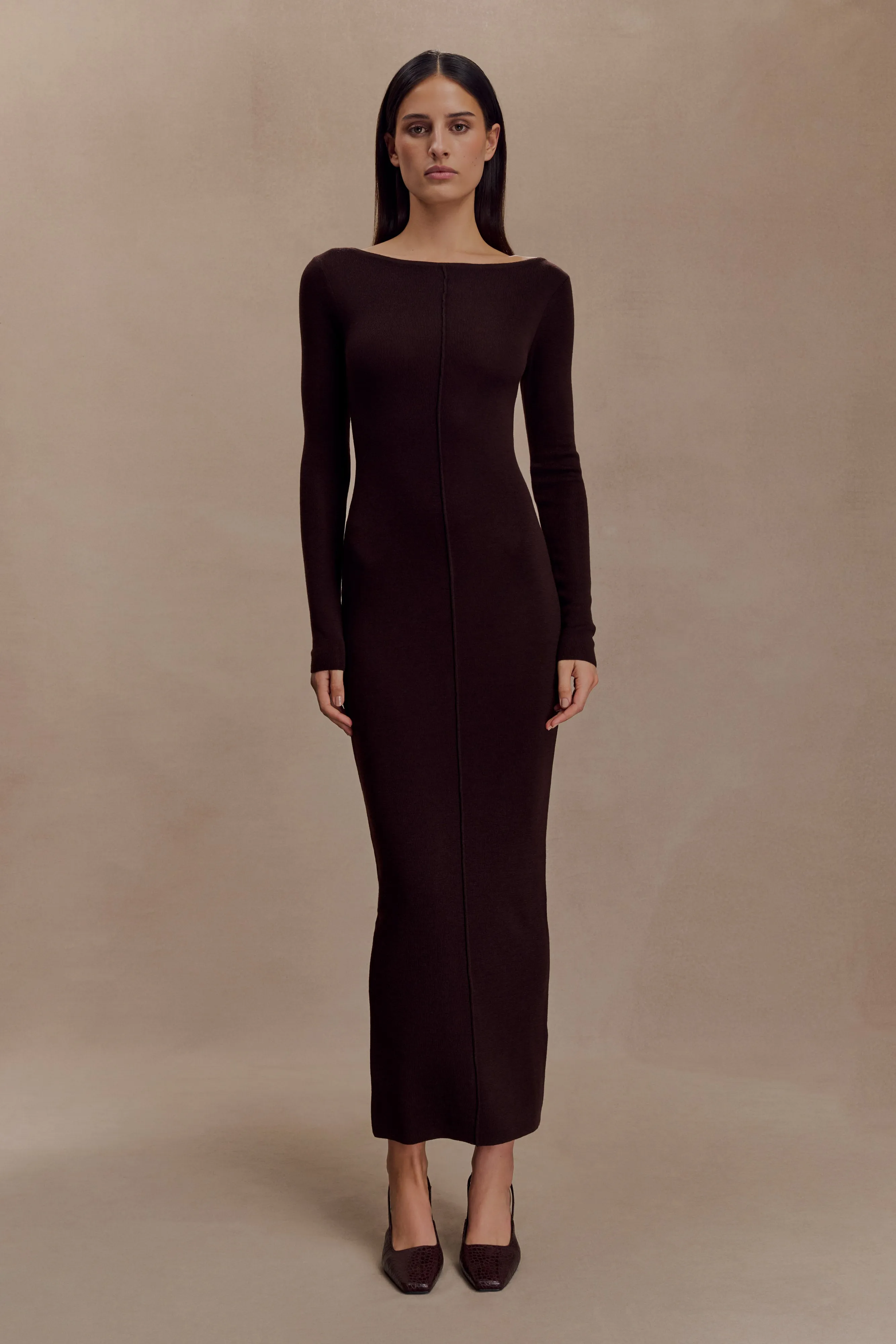 Elegant Tailoring Cleona Merino Wool Ribbed Long Sleeve Maxi Dress - Deep Chocolate