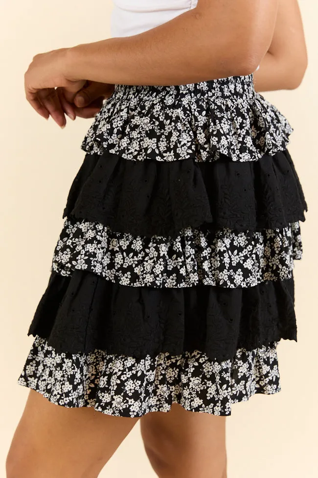 Best Memory Black Floral Tiered Ruffle Skort SALE Layered Design Tapered Cut