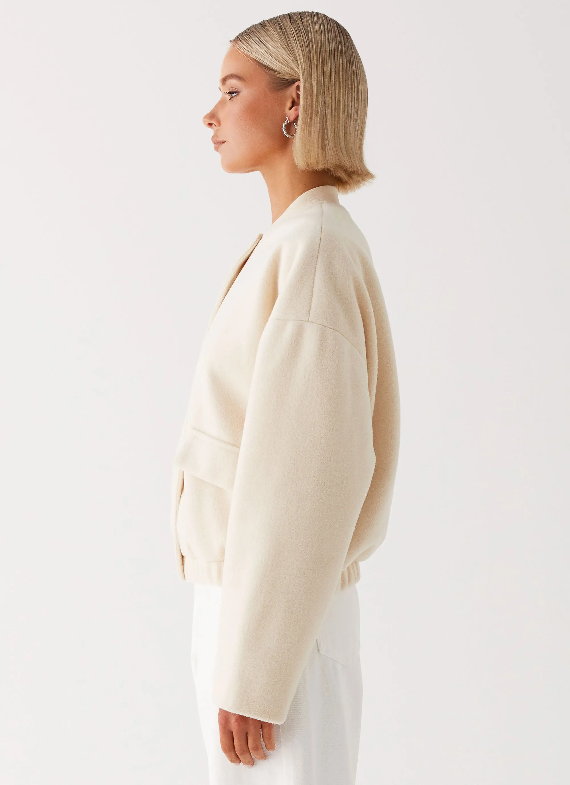 Cloudia Bomber Jacket - Ivory Comfort Flex Fit snap closure