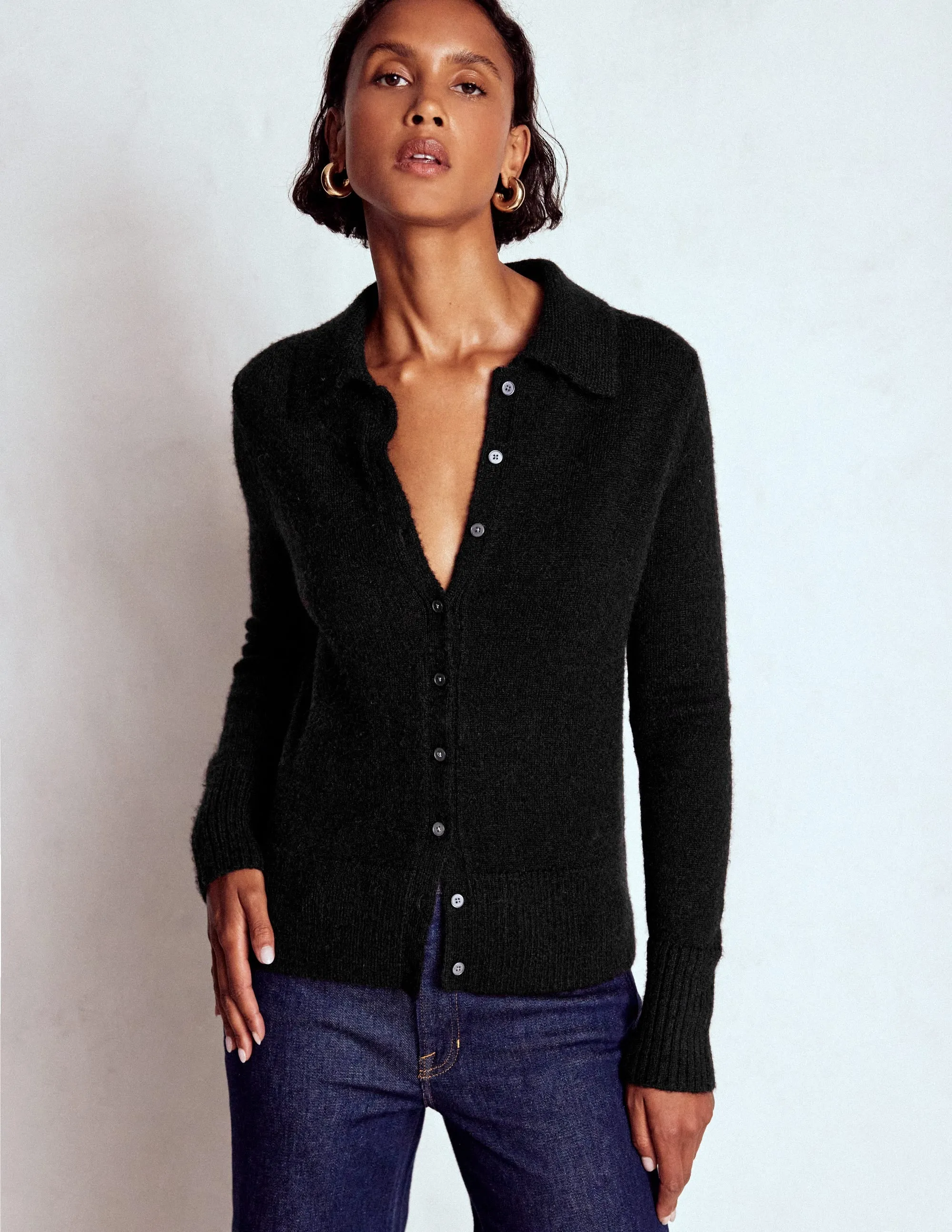 Sustainable Fibers Collared Tie Front Cardigan-Black