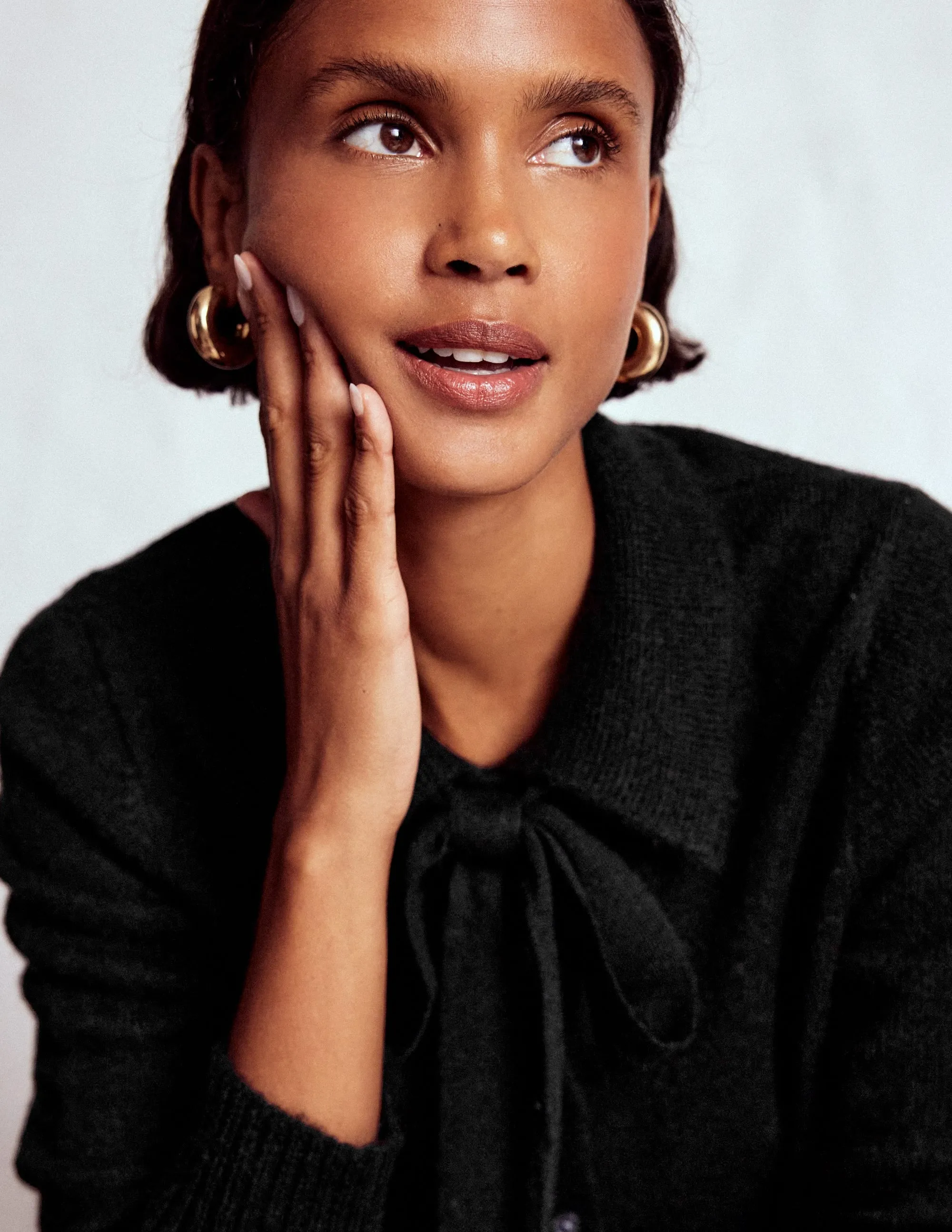 Collared Tie Front Cardigan-Black DropShoulder Design