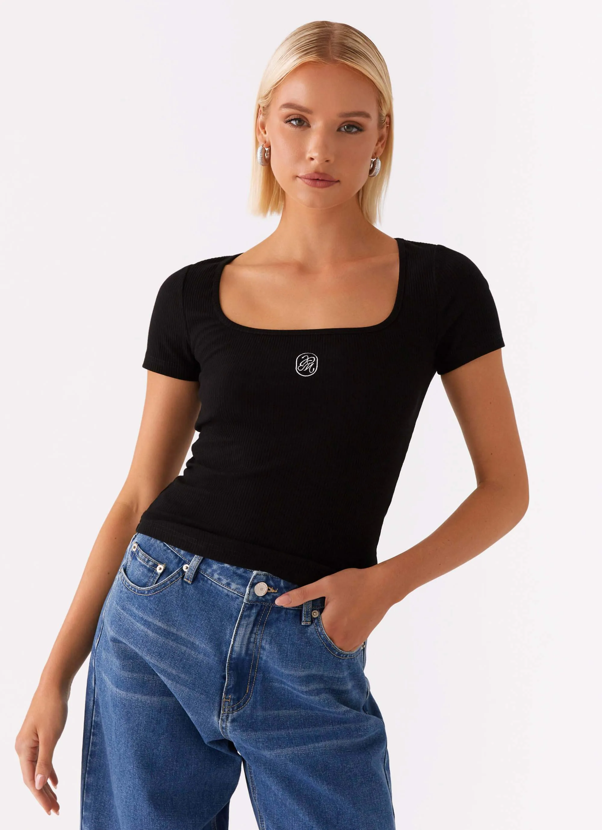 Signature Monogram Square Neck Top - Black Stay Simple Laidback Mood