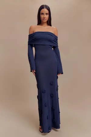 Sleek Silhouette Boat-Neck Kiki Off Shoulder Knit Rose Maxi Dress - Navy