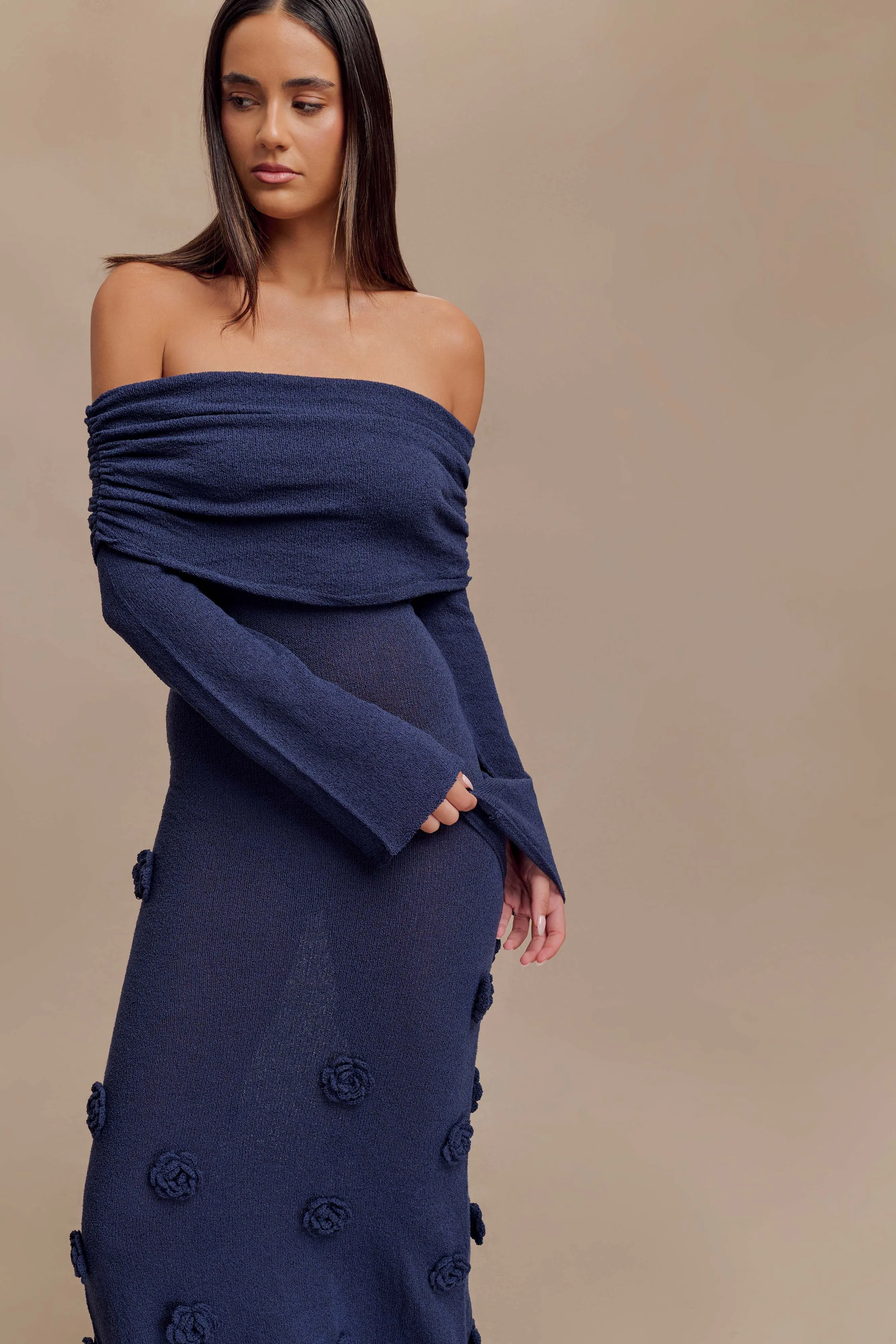 ElasticWaistband Kiki Off Shoulder Knit Rose Maxi Dress - Navy