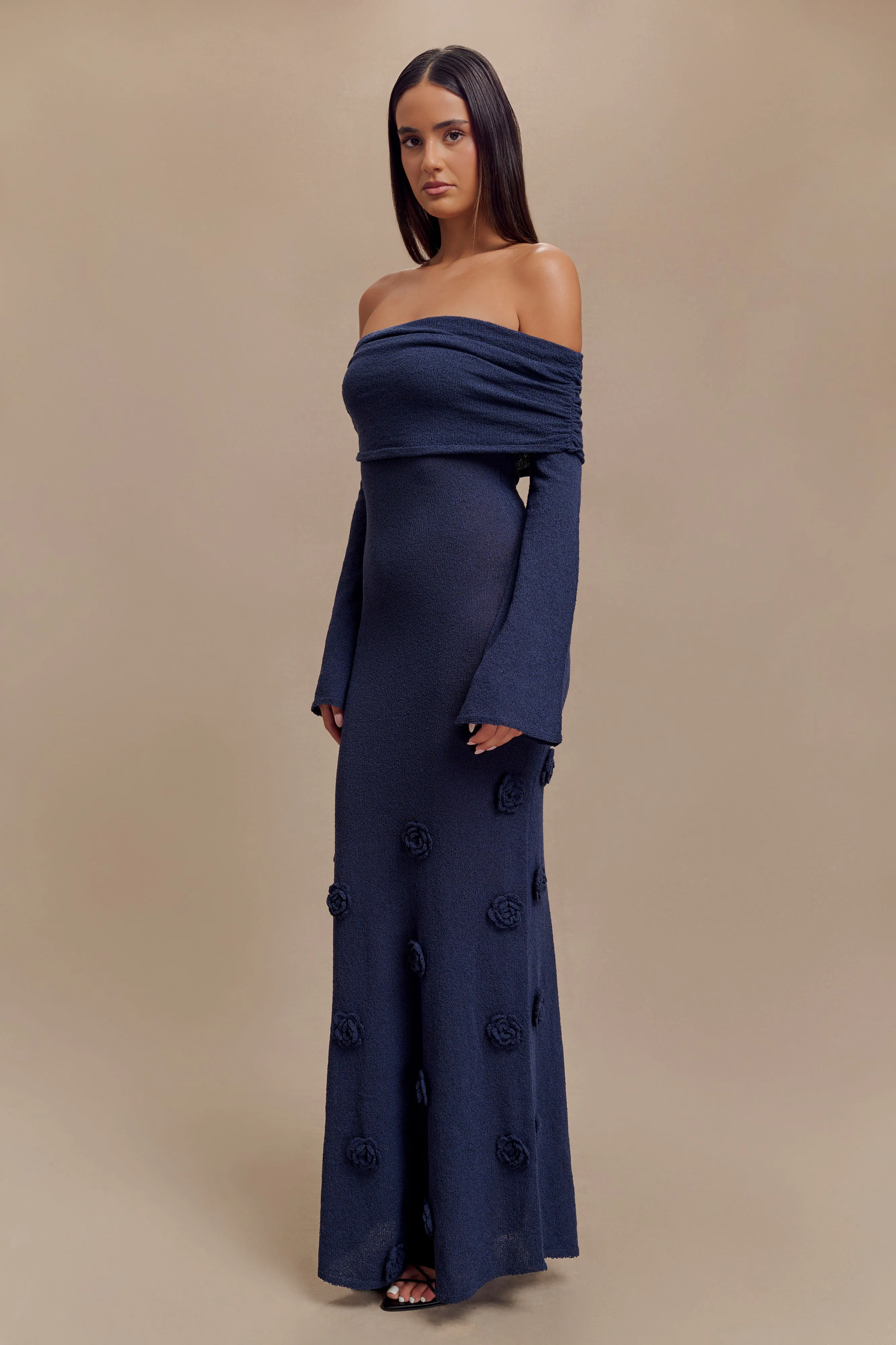 Kiki Off Shoulder Knit Rose Maxi Dress - Navy Multi Season