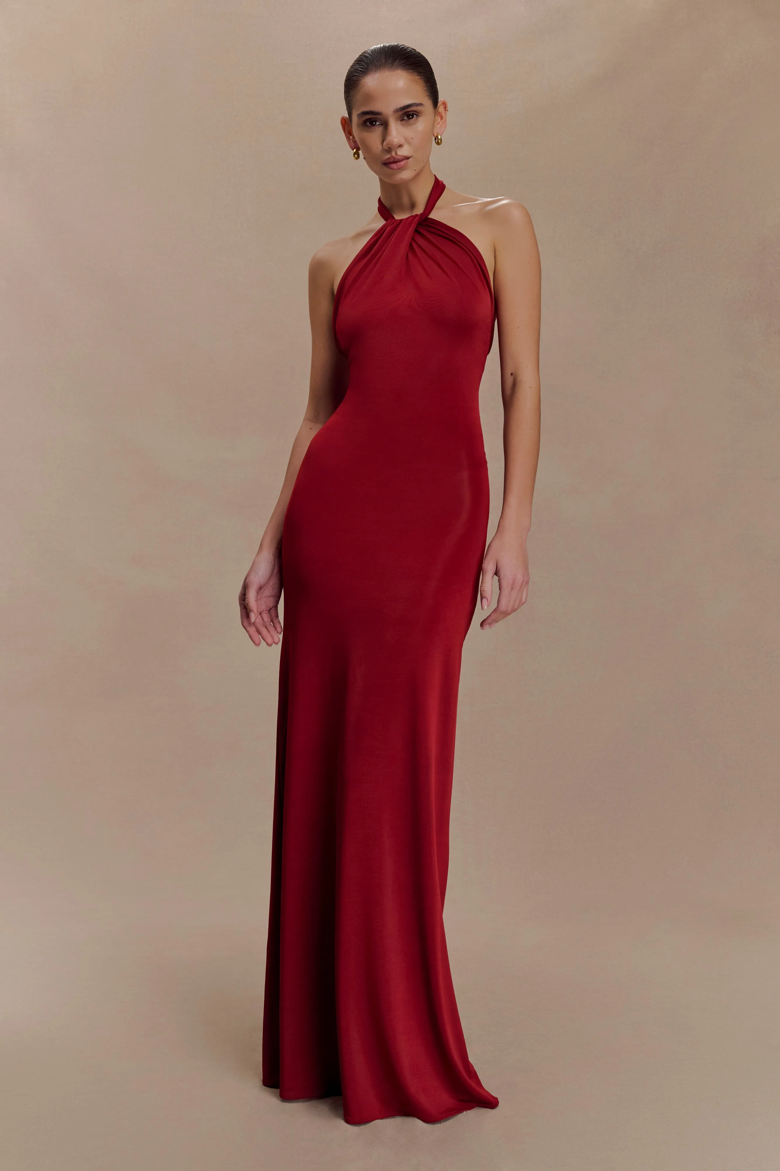 Soft Shape Inner lining Elyna Slinky Halter Maxi Dress - Deep Red
