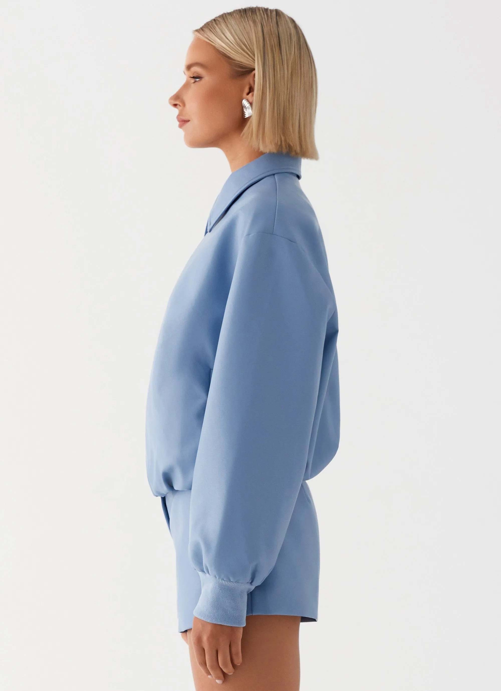 Single Buttons High Performance Blend Aspen Oversized Bomber Jacket - Blue