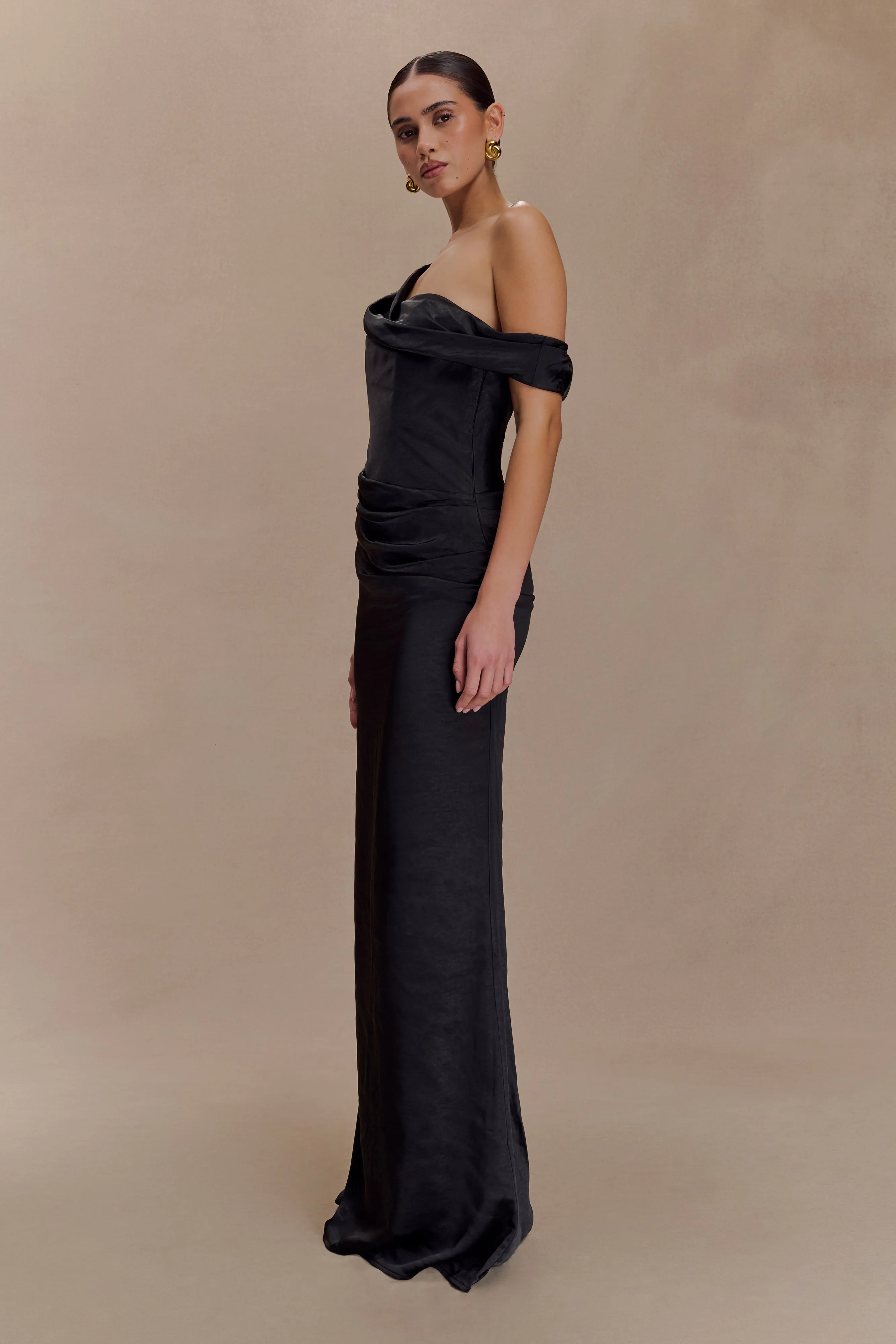 Dalia Off Shoulder Satin Maxi Dress - Black Balanced Texture Balanced Shape