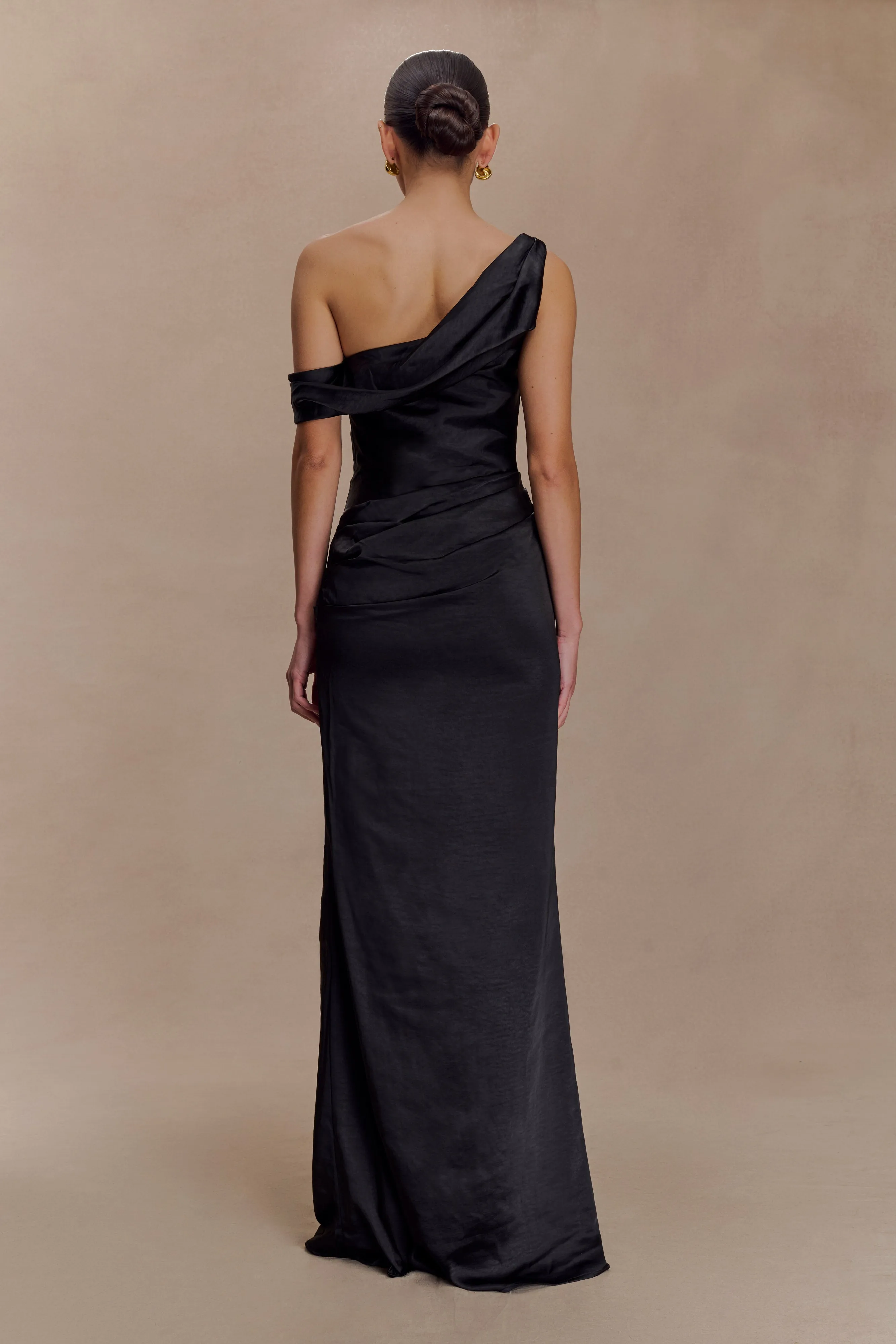 Handmade Dalia Off Shoulder Satin Maxi Dress - Black