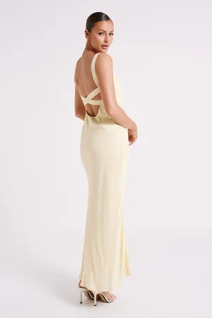 Ensley Satin Maxi Dress - Light Yellow Printed-Lining Dreamy Presence