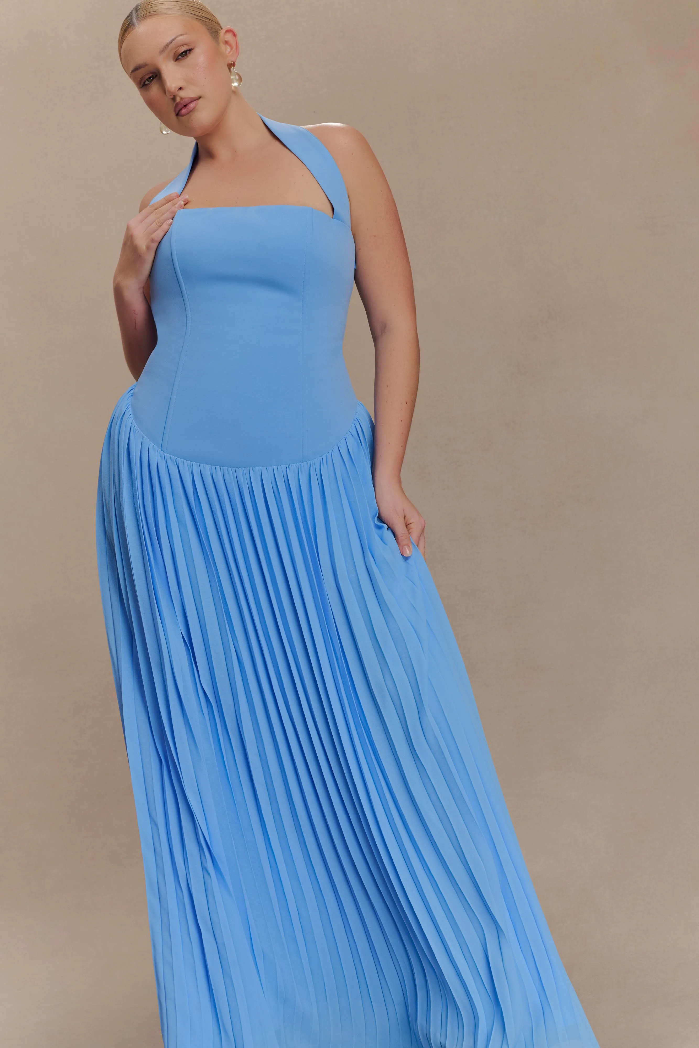 Stacie Pleated Halter Maxi Dress - Bright Blue Lightweight Fit Light material