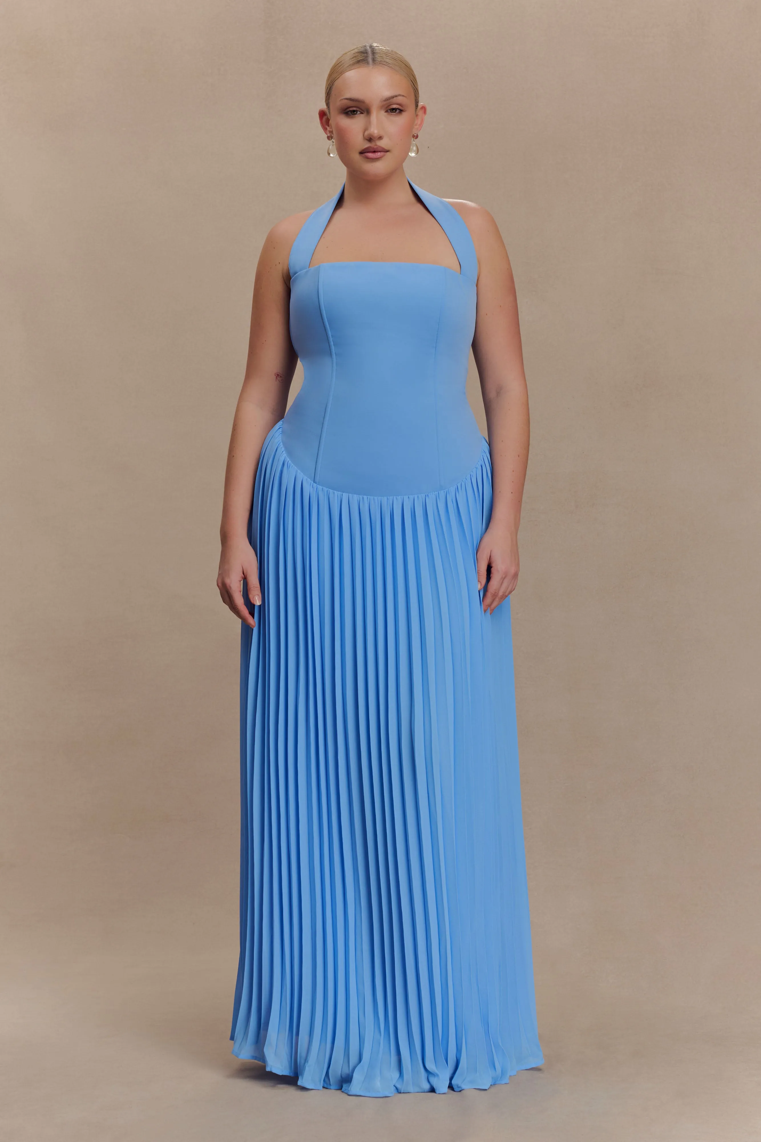 Spring Vibe ContrastStitching Stacie Pleated Halter Maxi Dress - Bright Blue
