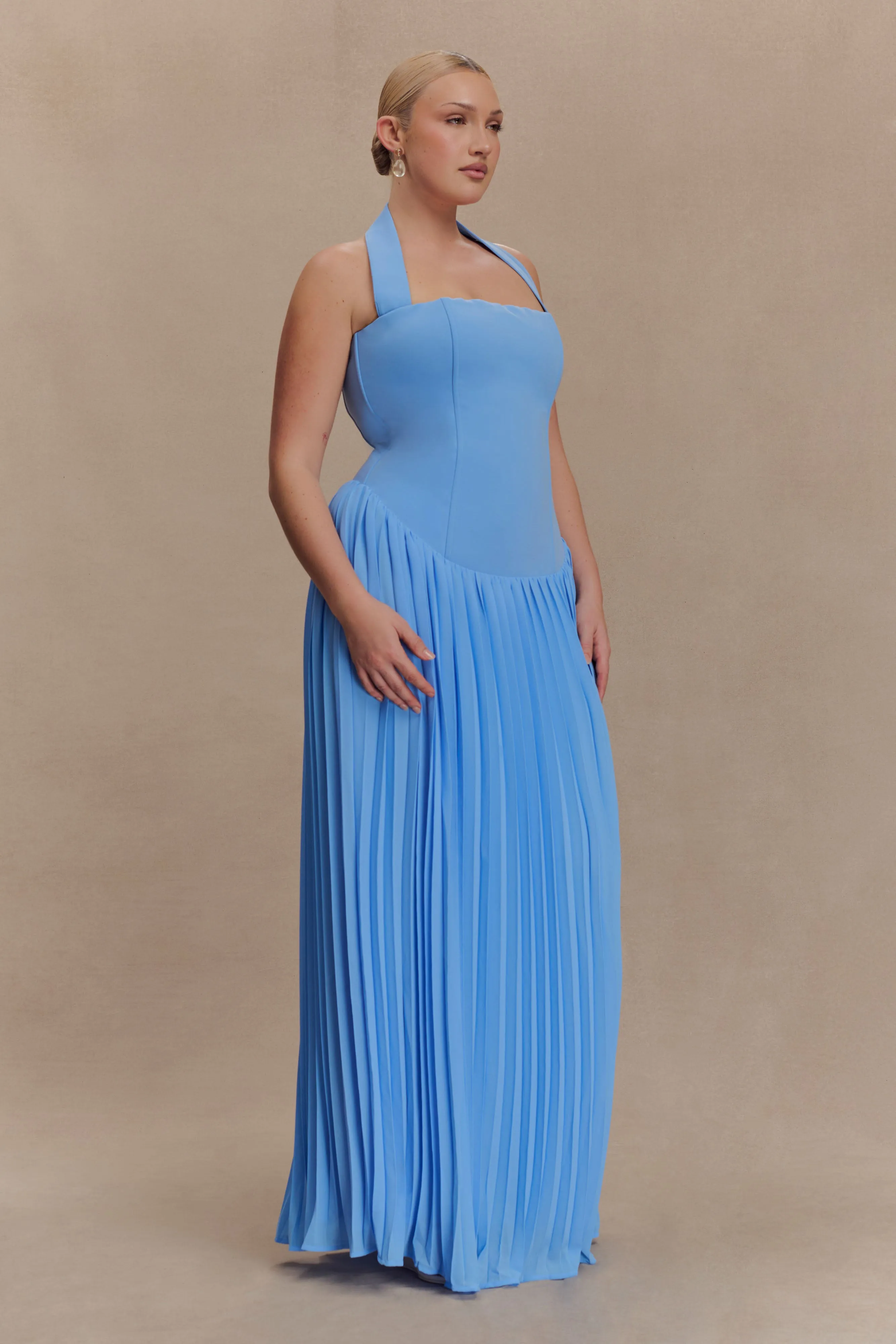 Charming Fit Subtle pattern Stacie Pleated Halter Maxi Dress - Bright Blue