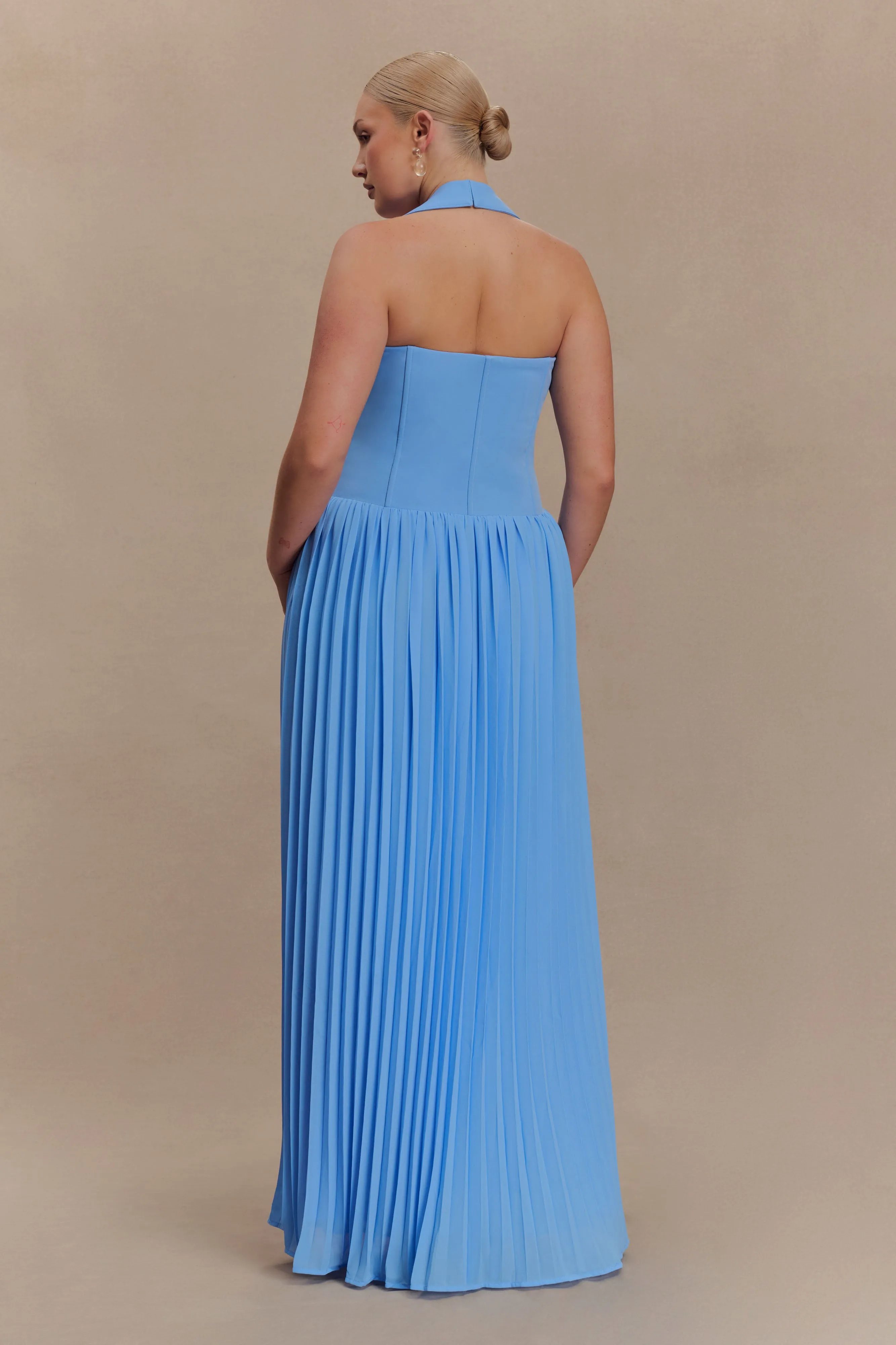 Linen Soft Stacie Pleated Halter Maxi Dress - Bright Blue