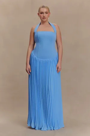 Spring Vibe ContrastStitching Stacie Pleated Halter Maxi Dress - Bright Blue
