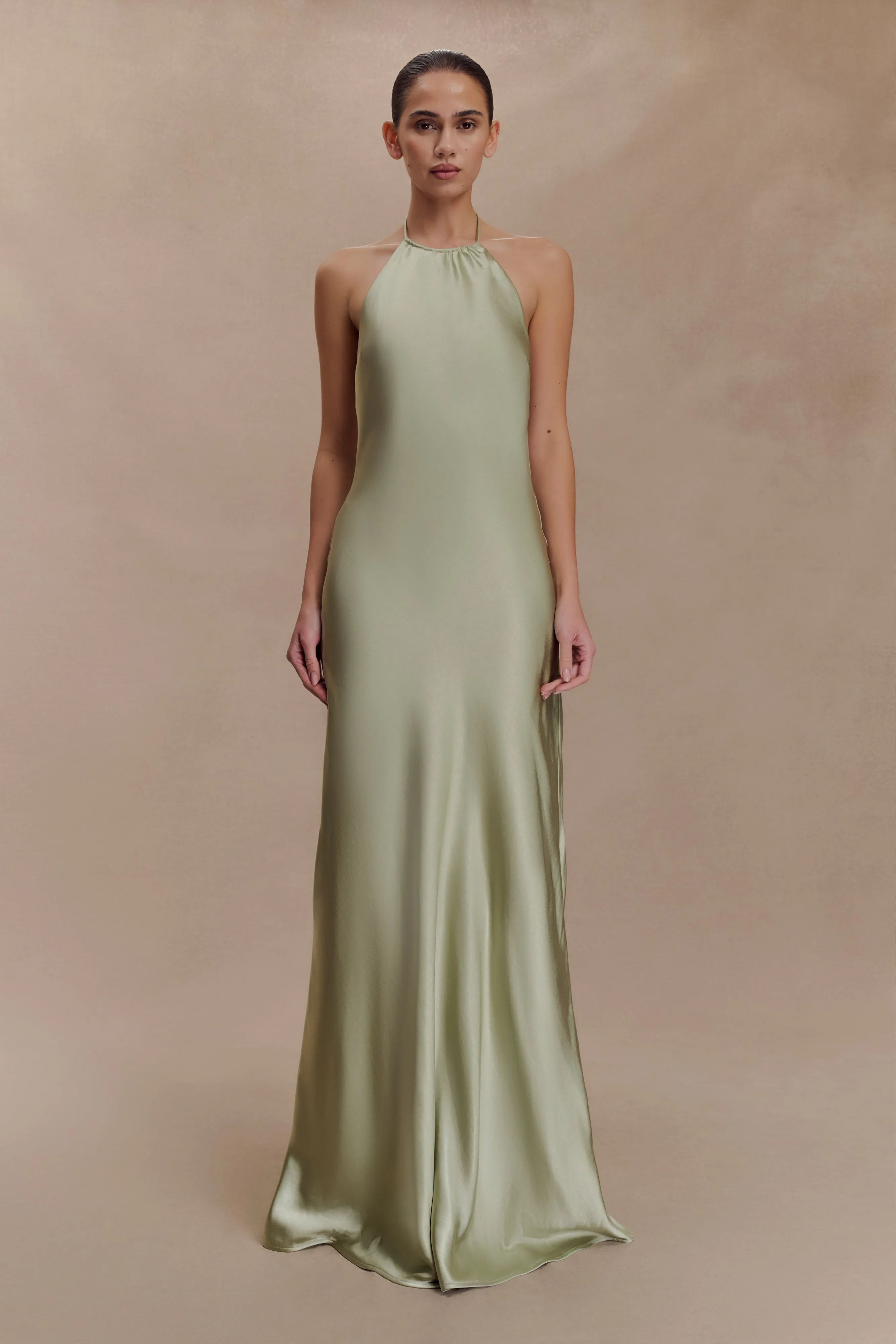 Bella Satin Halter Maxi Dress - Sage Graceful Ease Timeless Style Wear