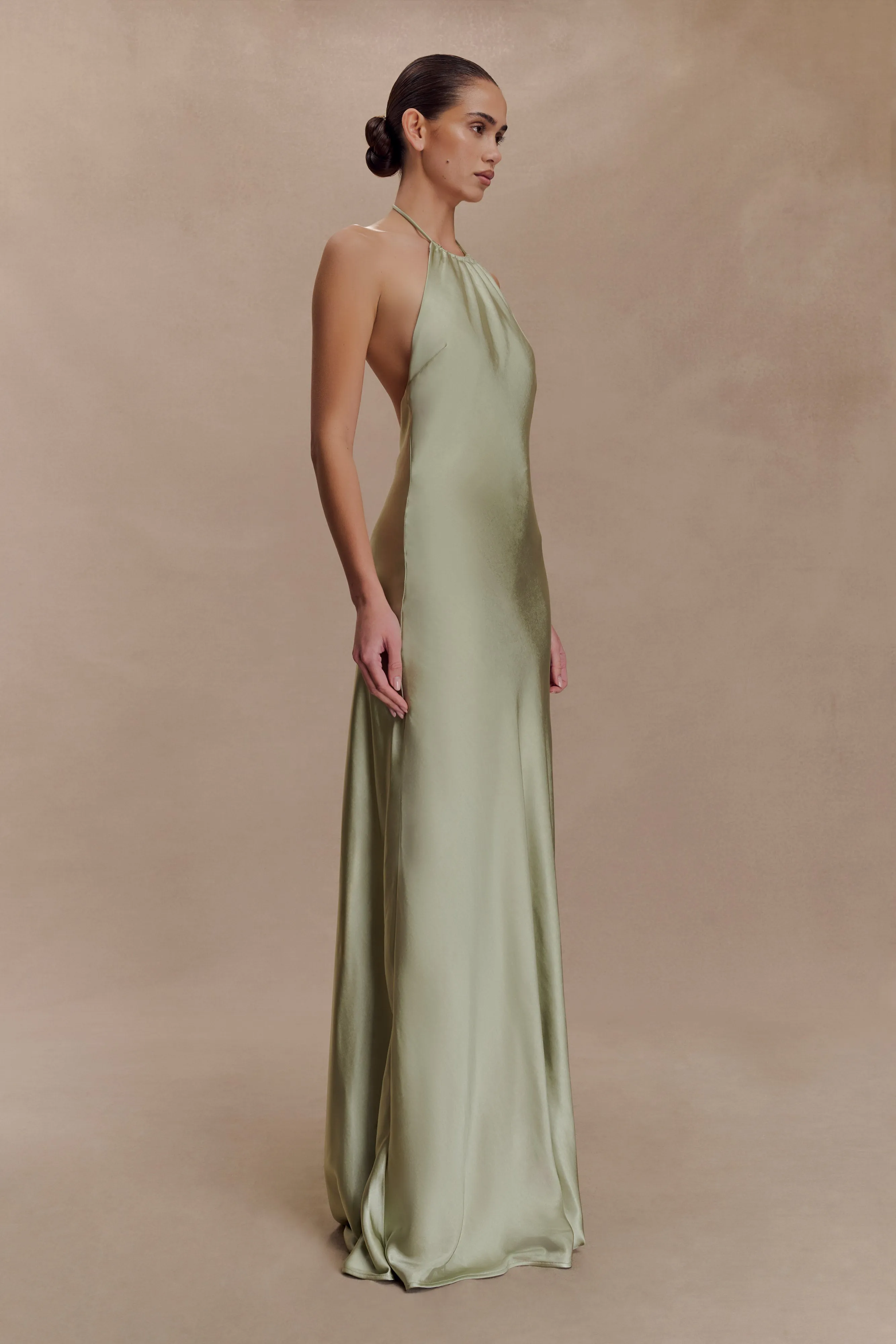Bella Satin Halter Maxi Dress - Sage Modern Finish