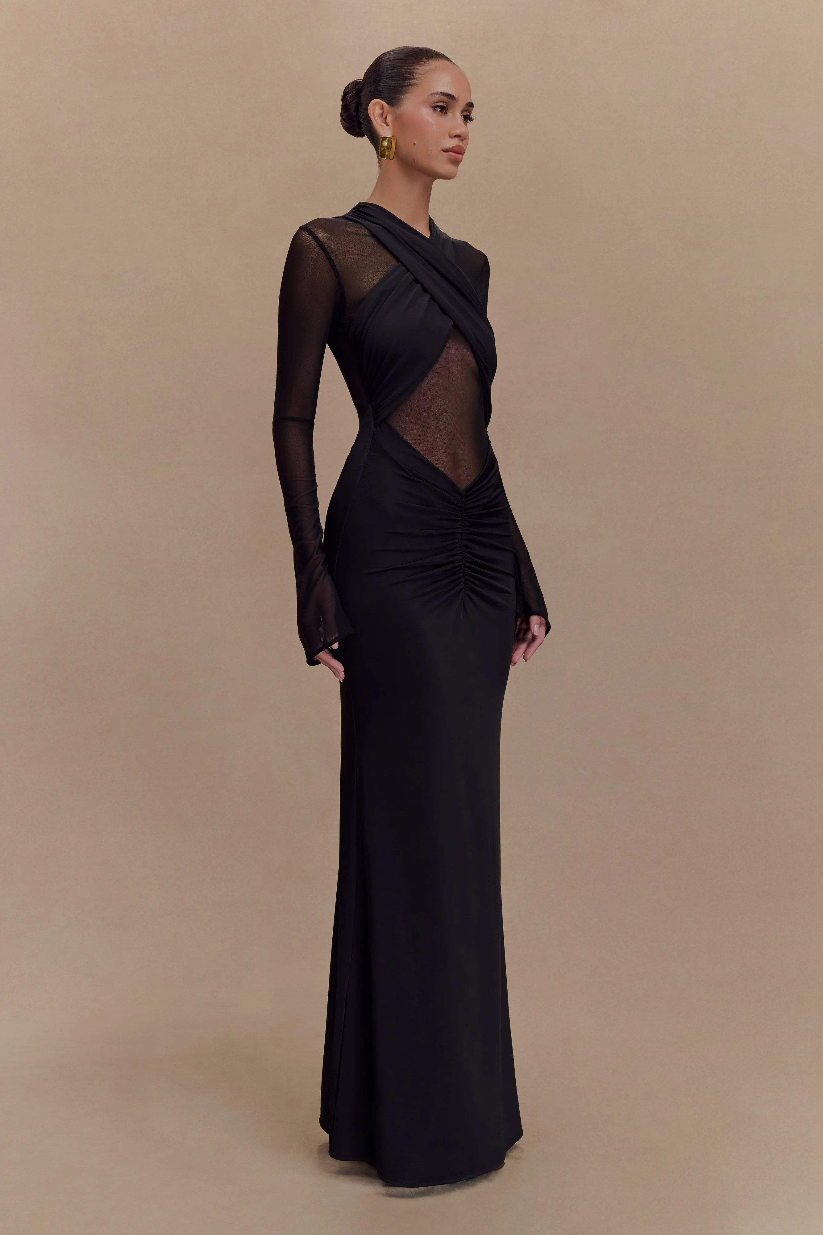 Calm Beauty Tania Slinky And Mesh Long Sleeve Maxi Dress - Black