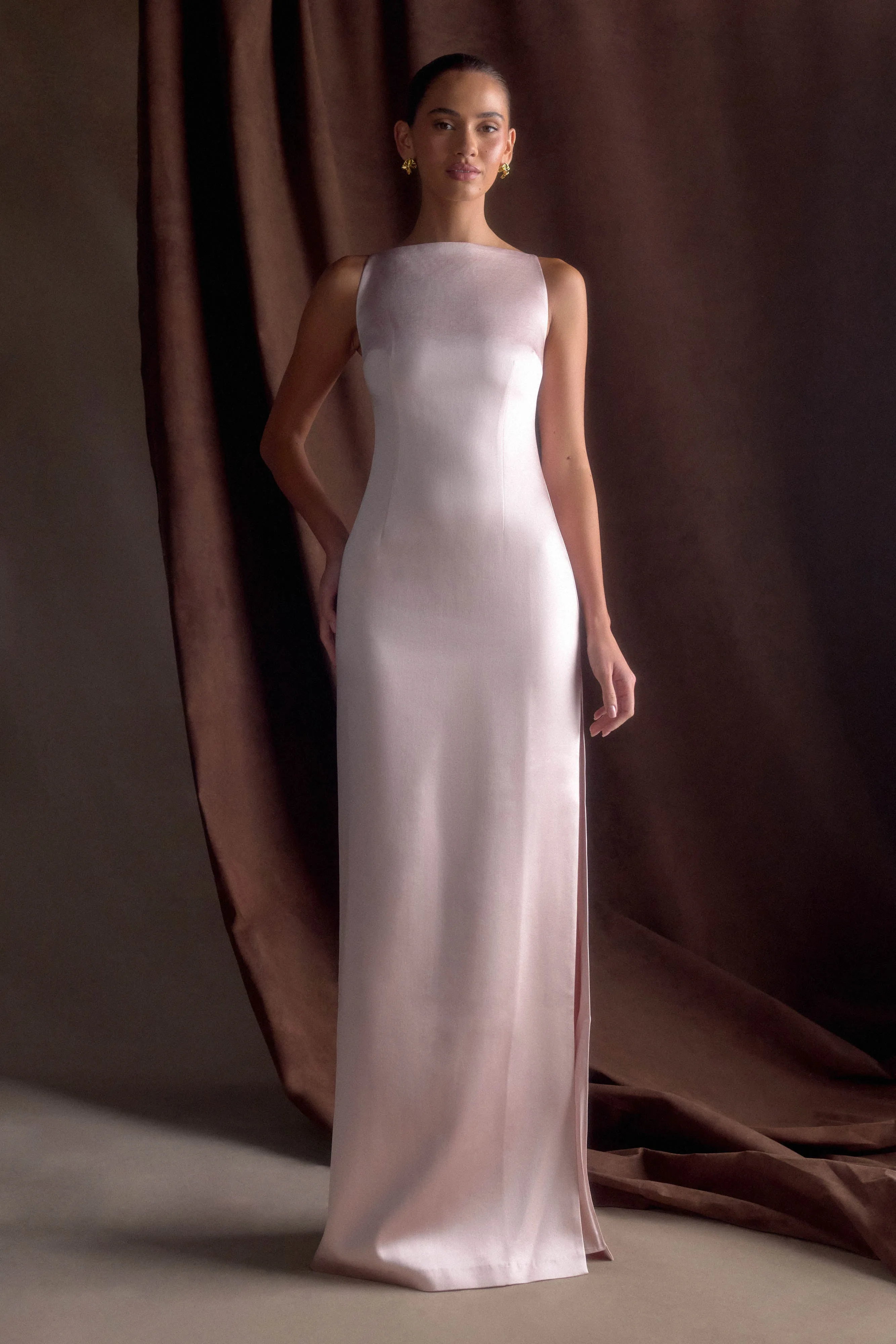 Violet Sleeveless Satin Maxi Dress - Soft Pink Soft Neutral Comfortable Waist