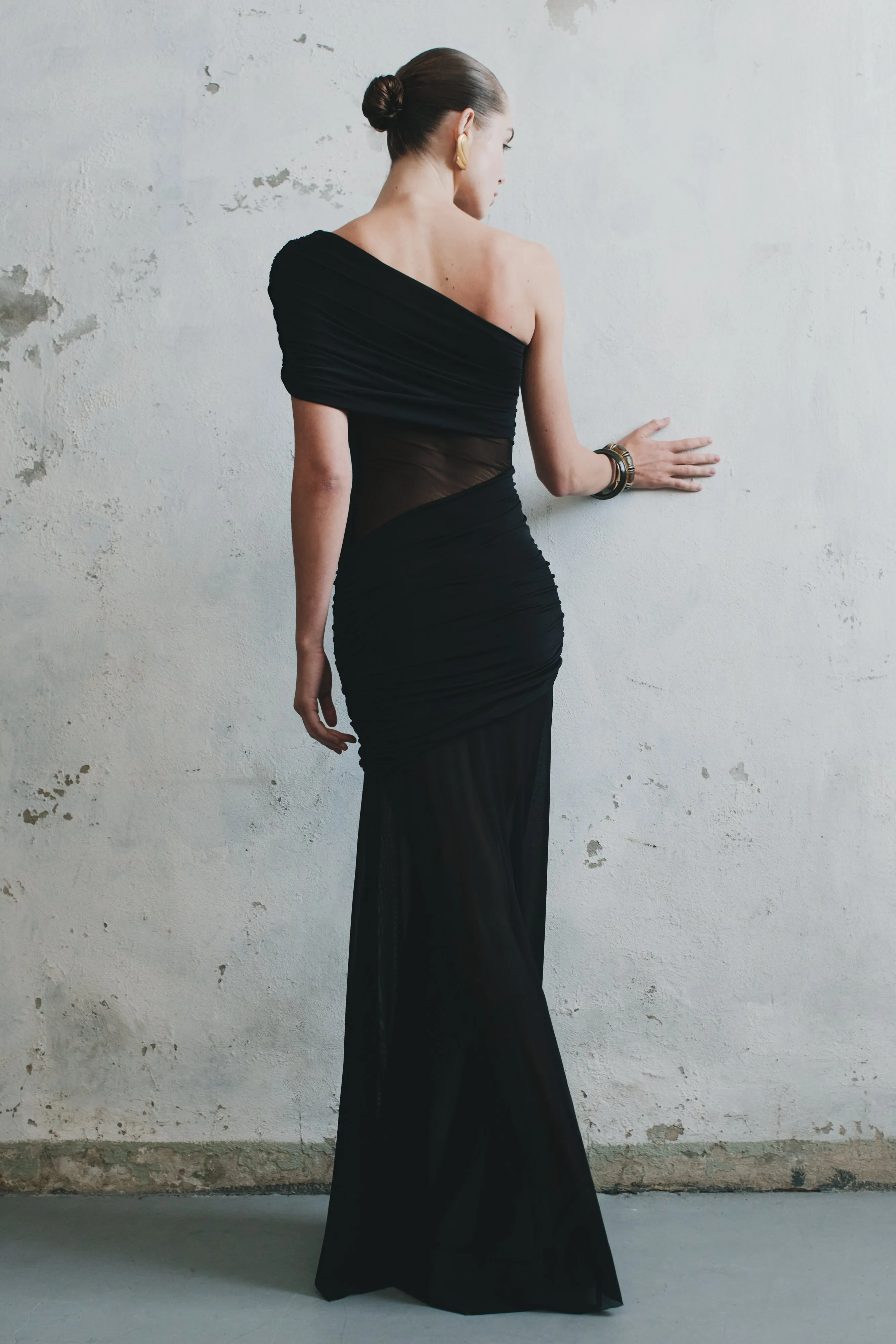 Dallas One Shoulder Mesh Maxi Dress - Black Pure Lines Layered Texture