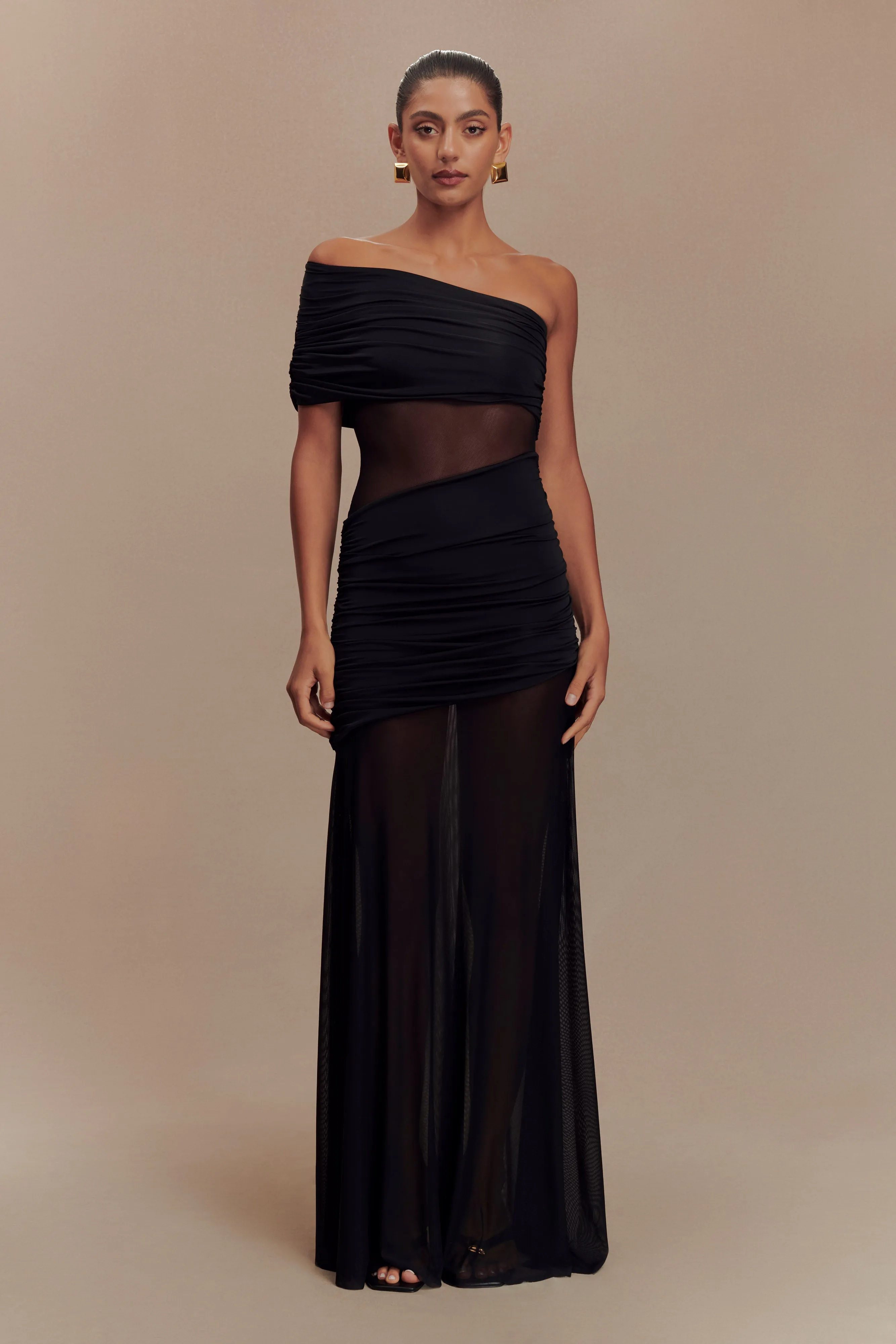 Dallas One Shoulder Mesh Maxi Dress - Black Sheer Look