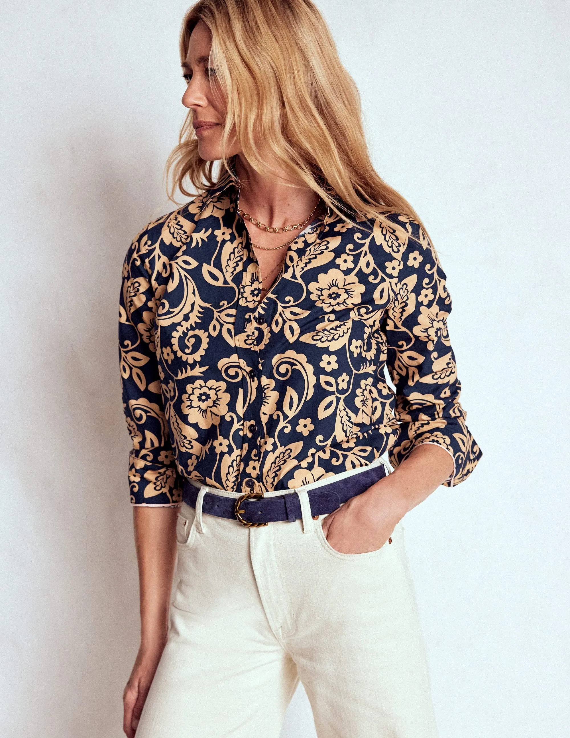Essential Comfort Sienna Cotton Shirt-French Navy, Ornate Flora