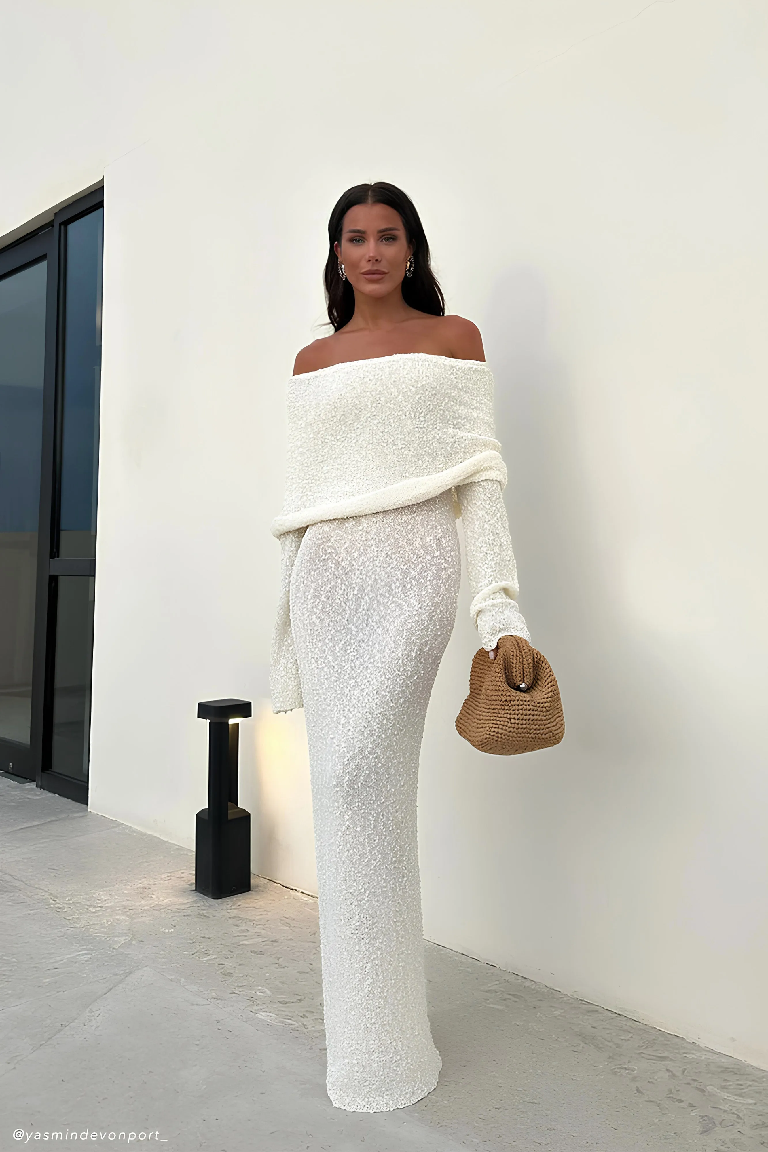 Lounge Style Marisol Off Shoulder Boucle Maxi Dress - Ivory