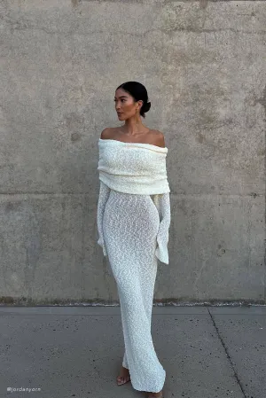 Trendy Vibe Marisol Off Shoulder Boucle Maxi Dress - Ivory
