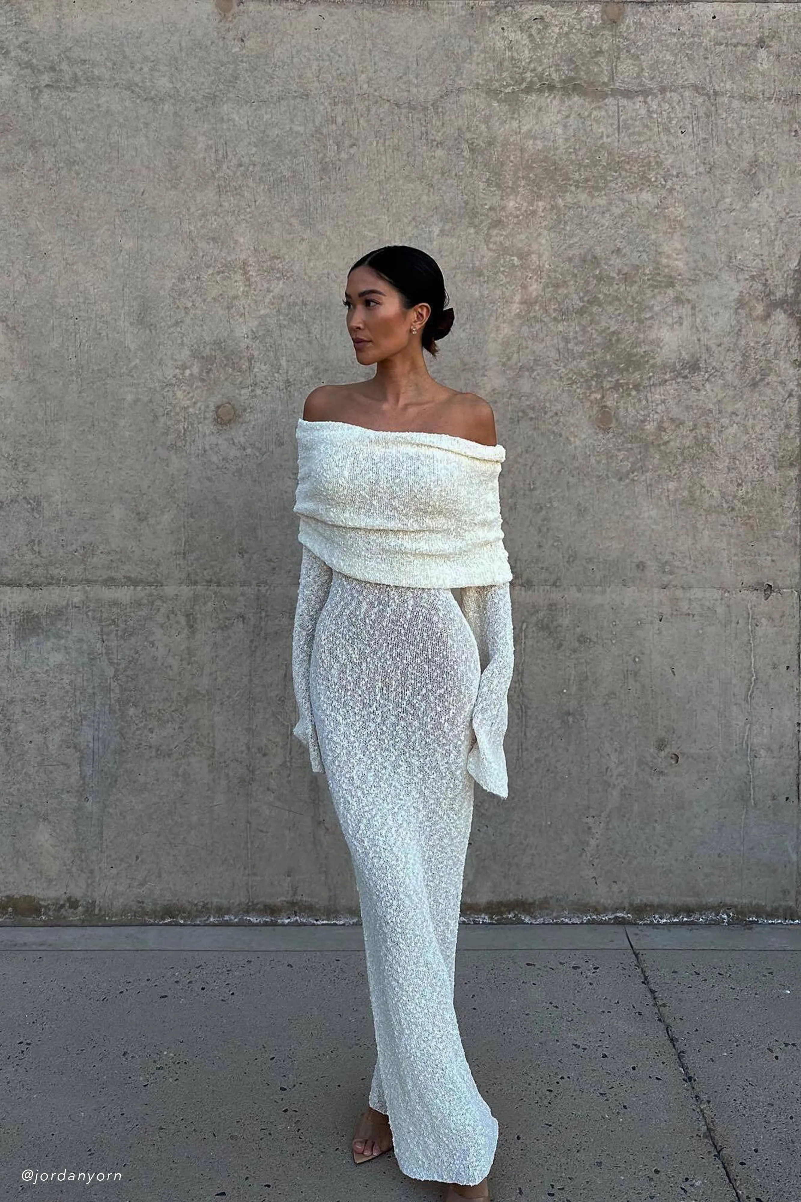 Trendy Vibe Marisol Off Shoulder Boucle Maxi Dress - Ivory