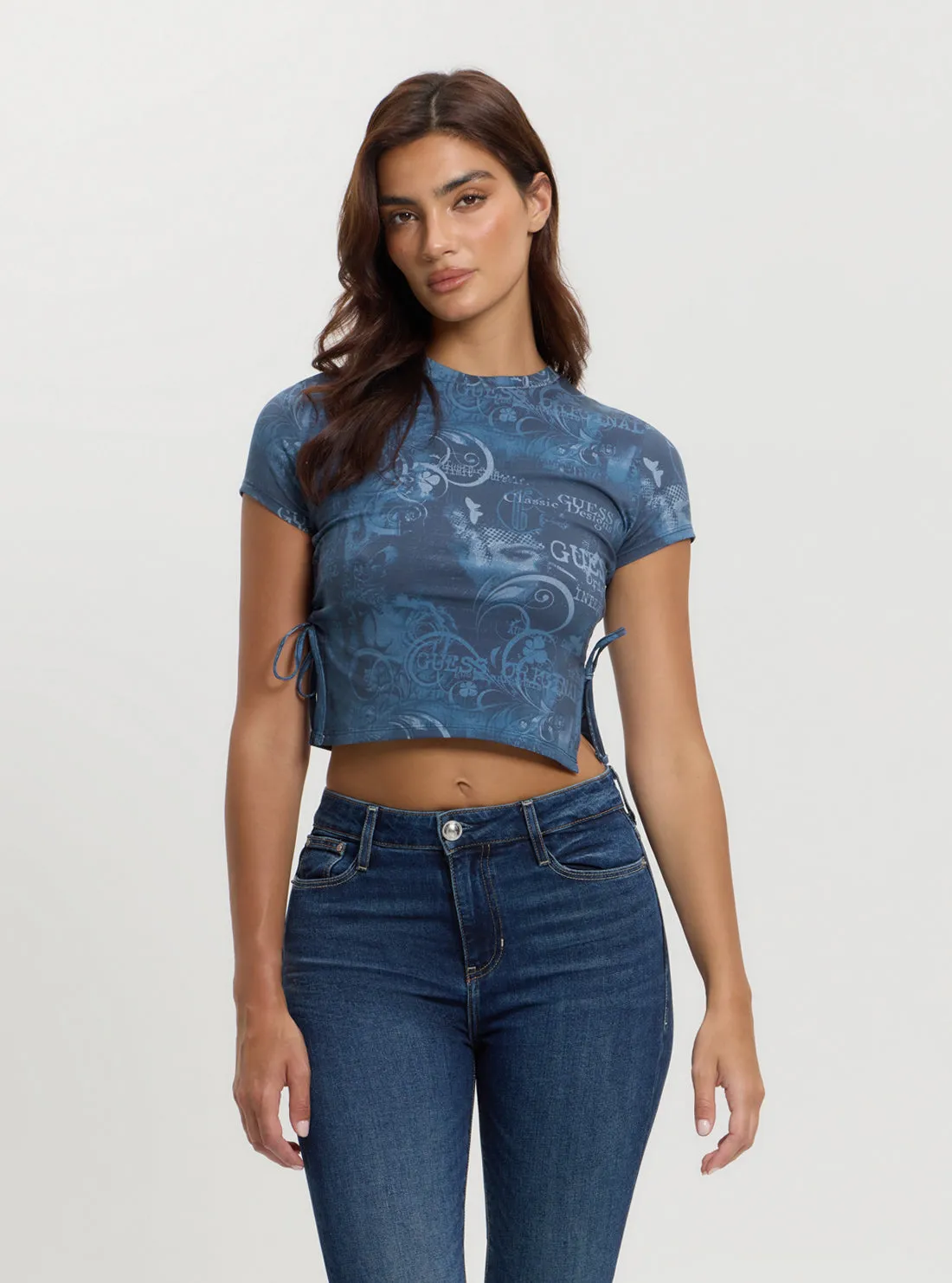 Guess Originals Blue Printed Tie-Up Tee Holiday Outfit
