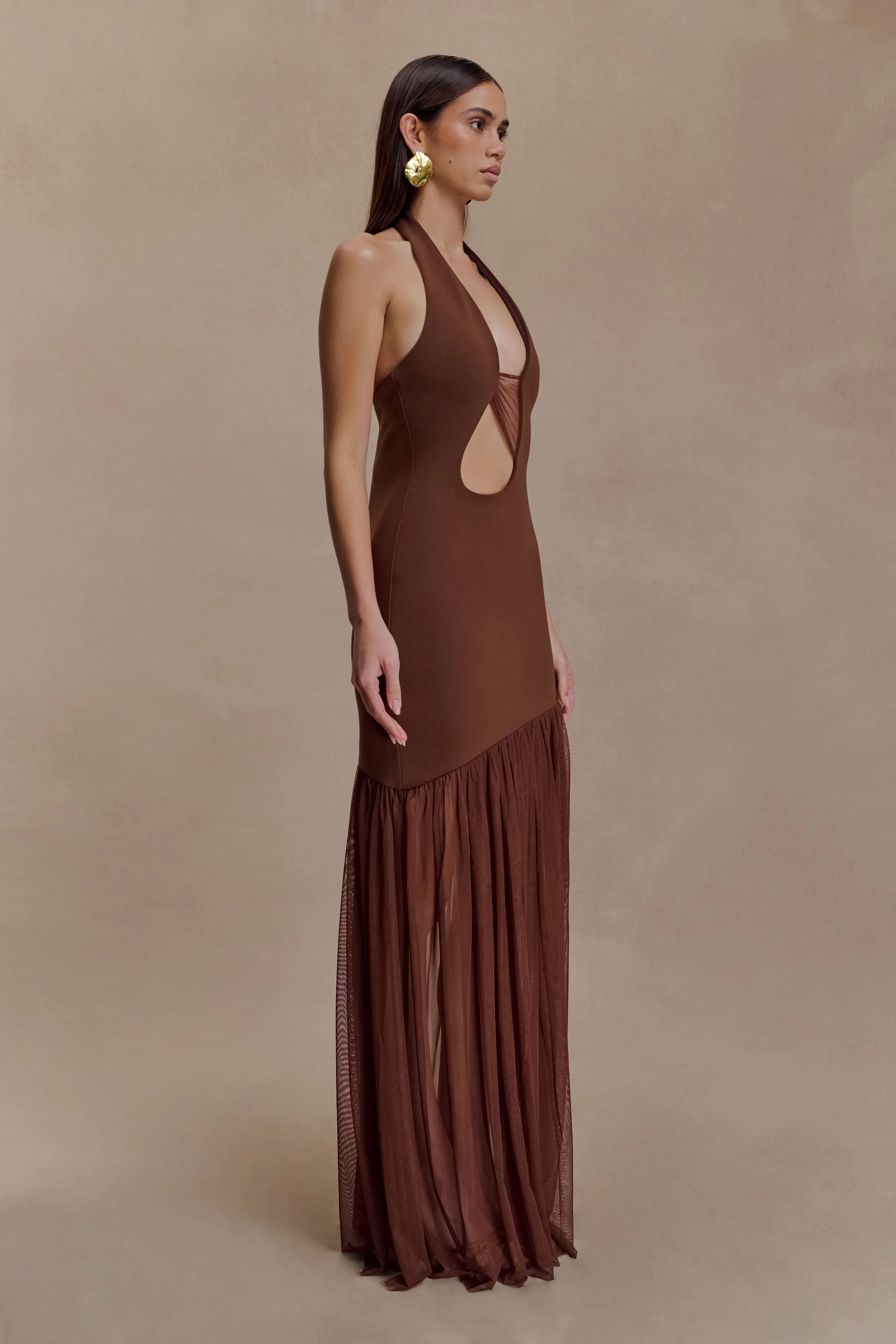 Flattering Waist Design Fit Minimalist Waist Aubree Crepe And Mesh Maxi Dress - Chocolate/Mocha