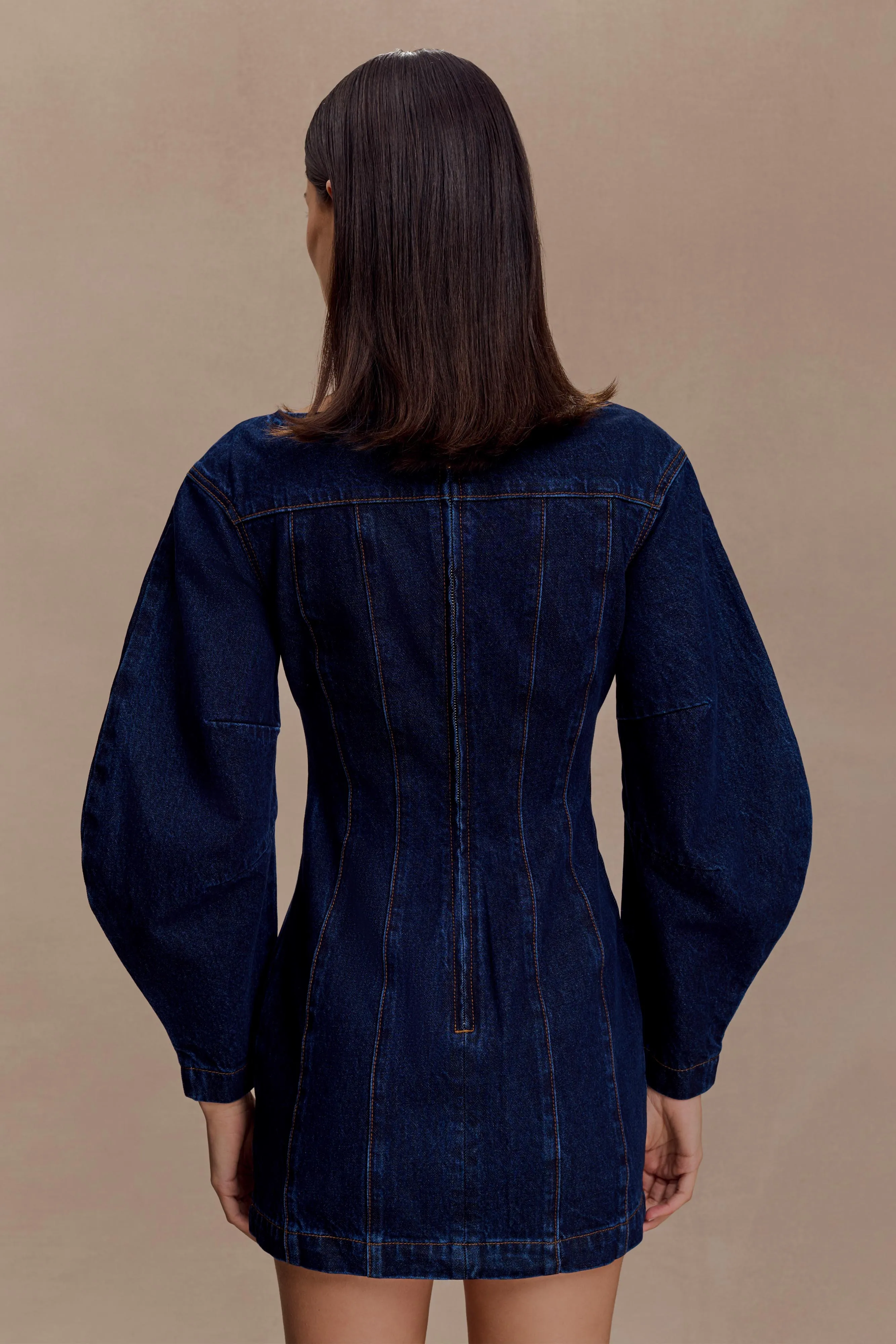 Cosmala Denim Long Sleeve Mini Dress - Indigo Blue Light Volume