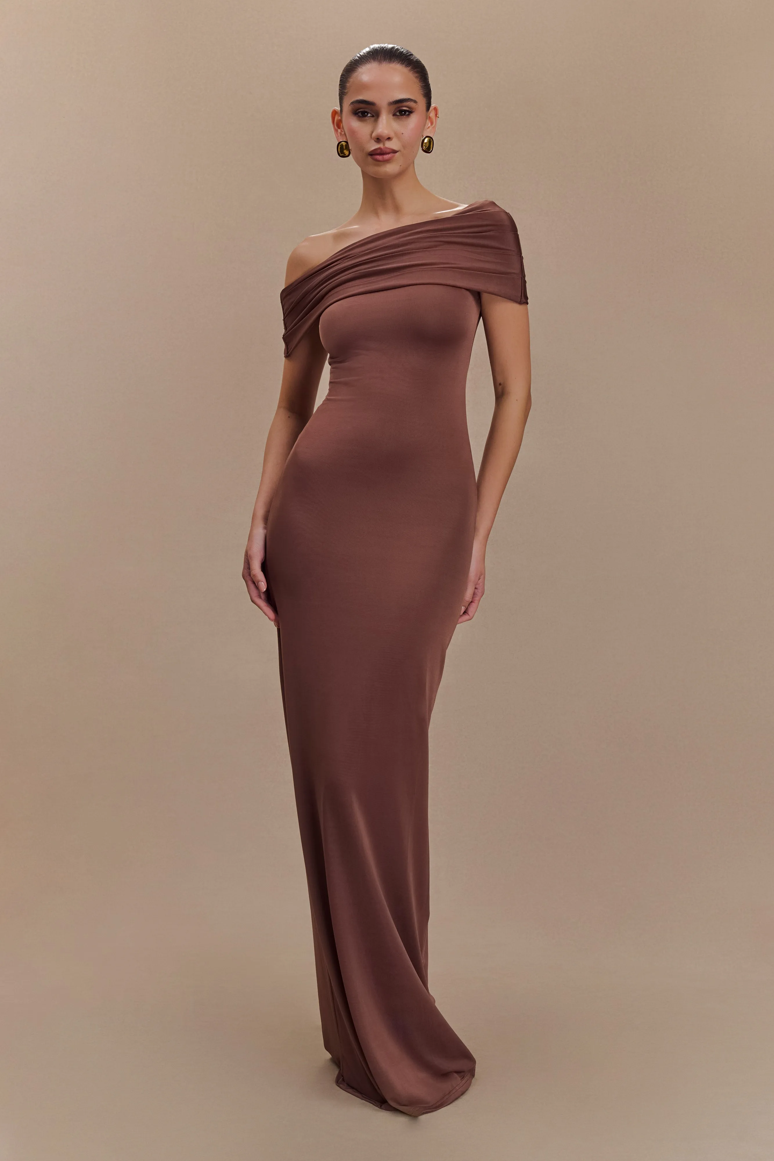 Cassandra Off Shoulder Slinky Maxi Dress - Chocolate Effortless Layering