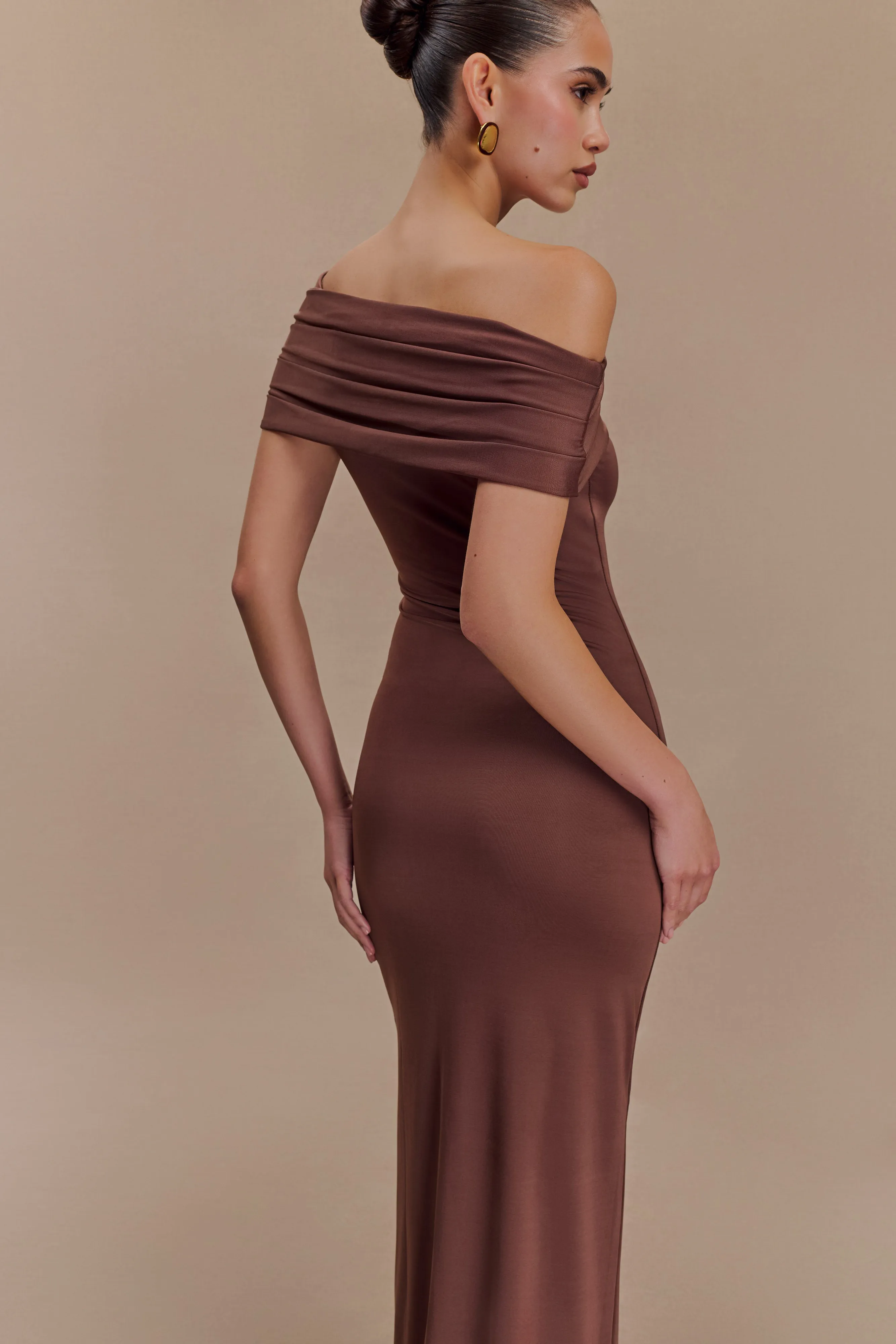 Cassandra Off Shoulder Slinky Maxi Dress - Chocolate Relaxed Look Hidden Pocket