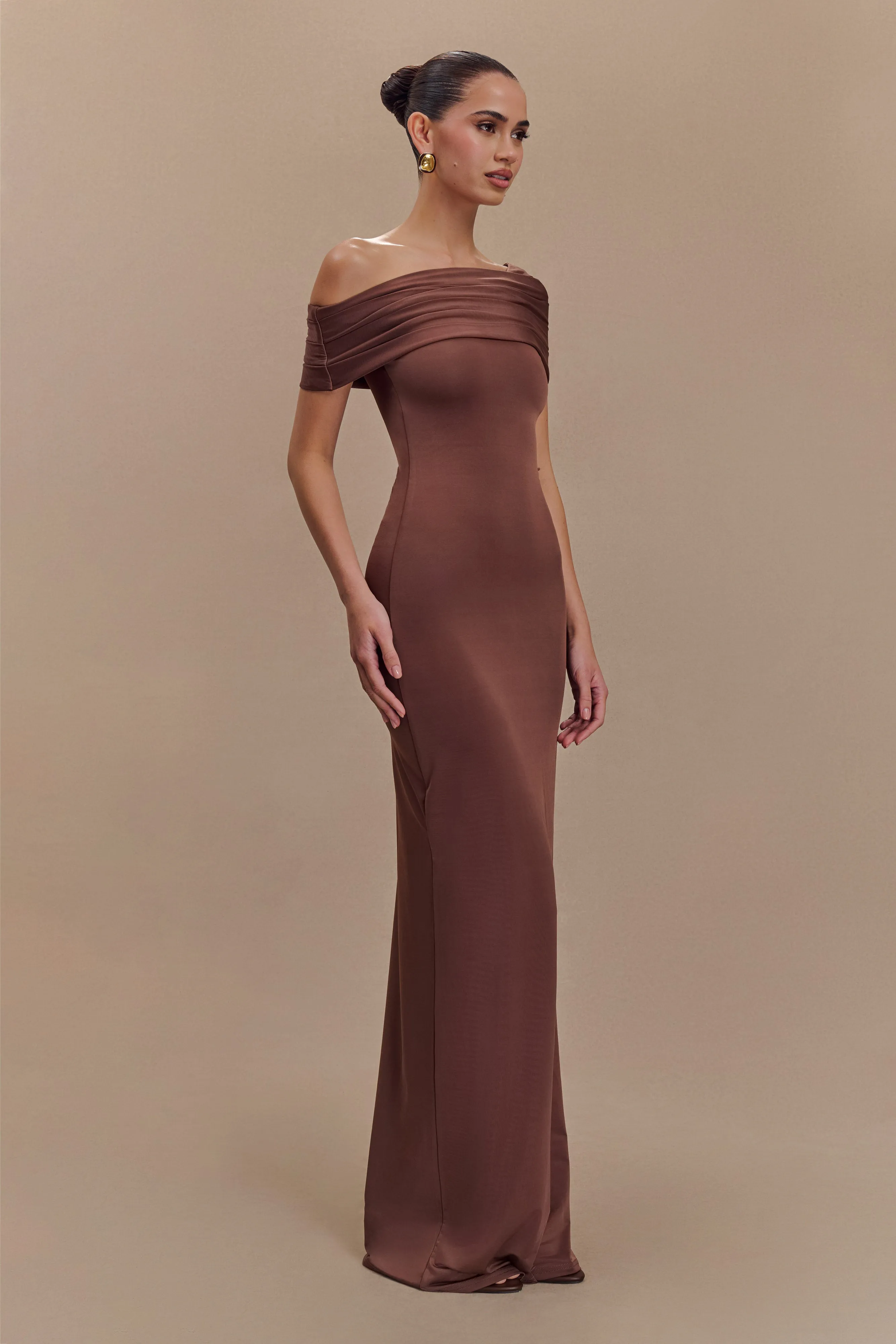 Square-Neck Cassandra Off Shoulder Slinky Maxi Dress - Chocolate