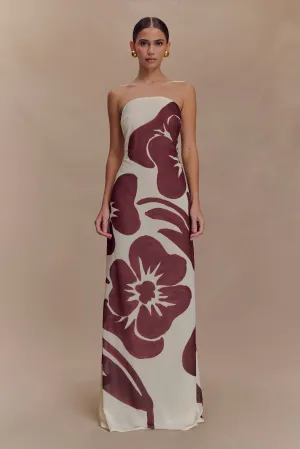 Amaya Strapless Chiffon Maxi Dress - Brown Deco Fleur Print Date Vibe