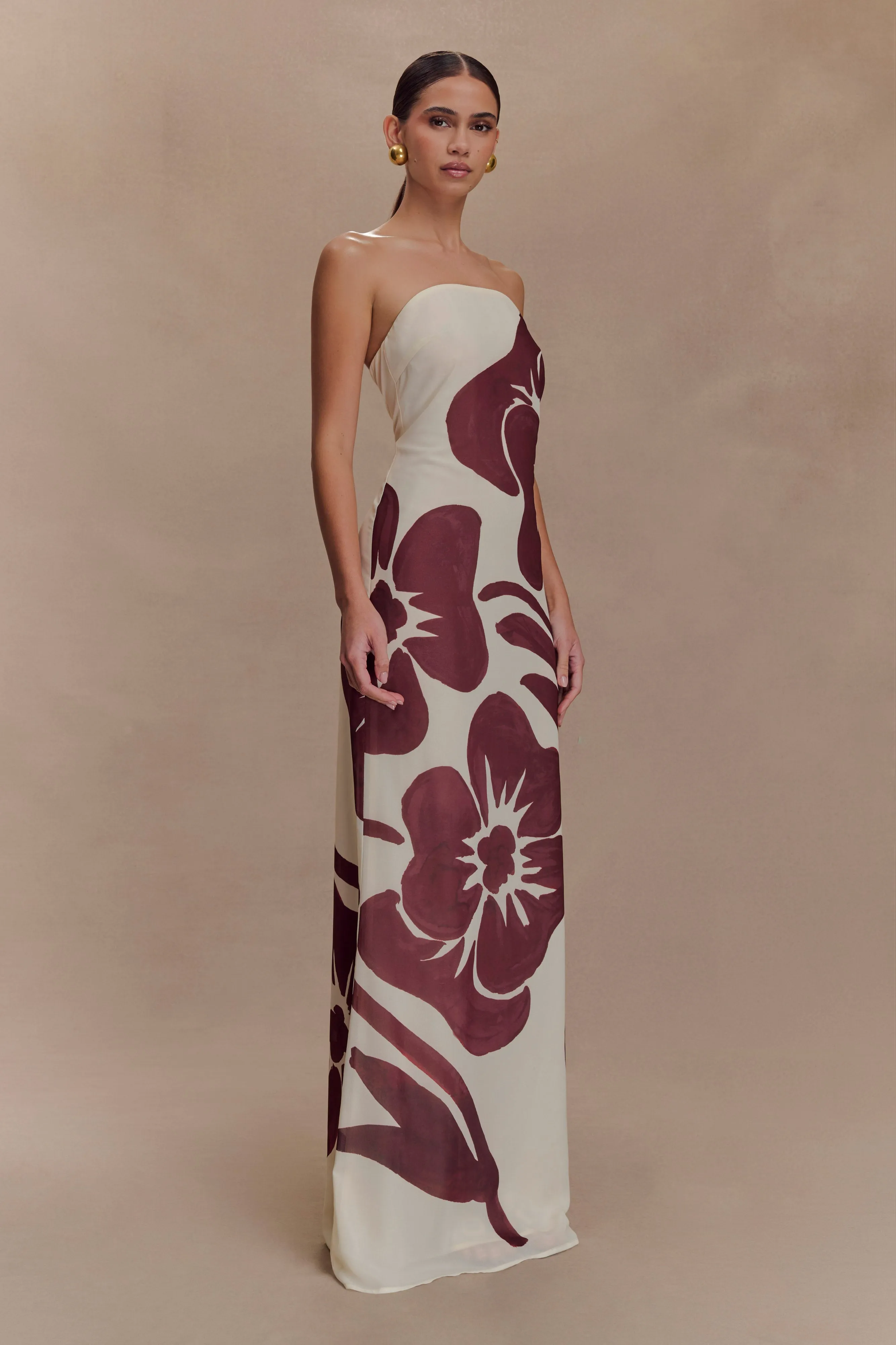 Amaya Strapless Chiffon Maxi Dress - Brown Deco Fleur Print Slim Silhouette Festive Wear