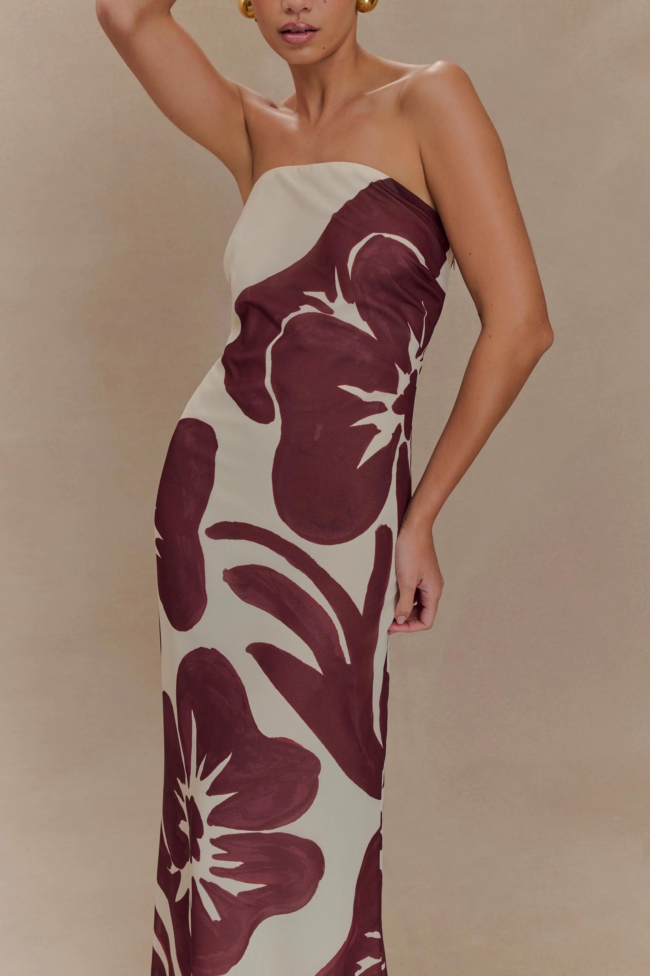 Amaya Strapless Chiffon Maxi Dress - Brown Deco Fleur Print Rose Flush Side Ruching