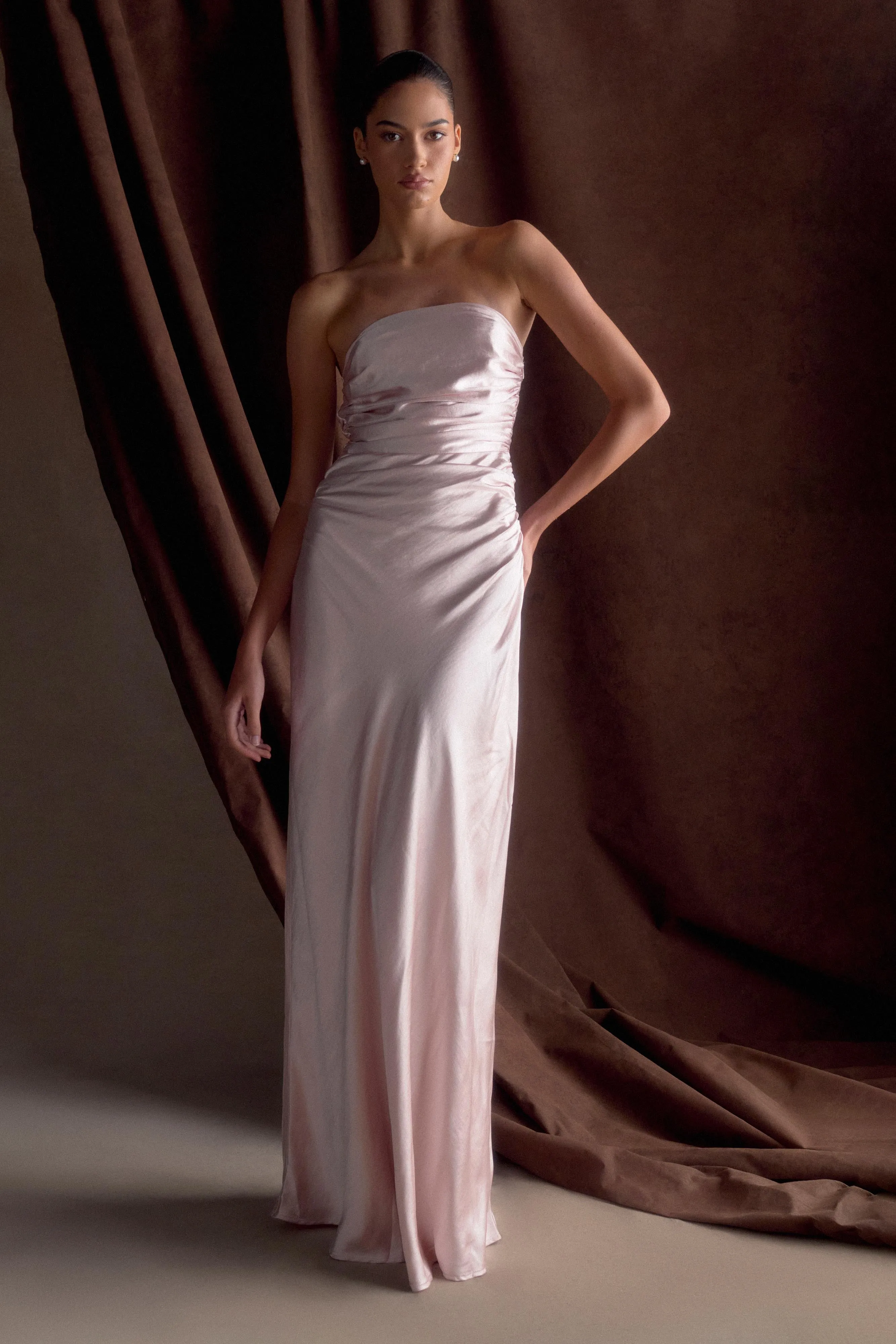 Daily Form Cozy Texture Cedar Strapless Satin Maxi Dress - Soft Pink