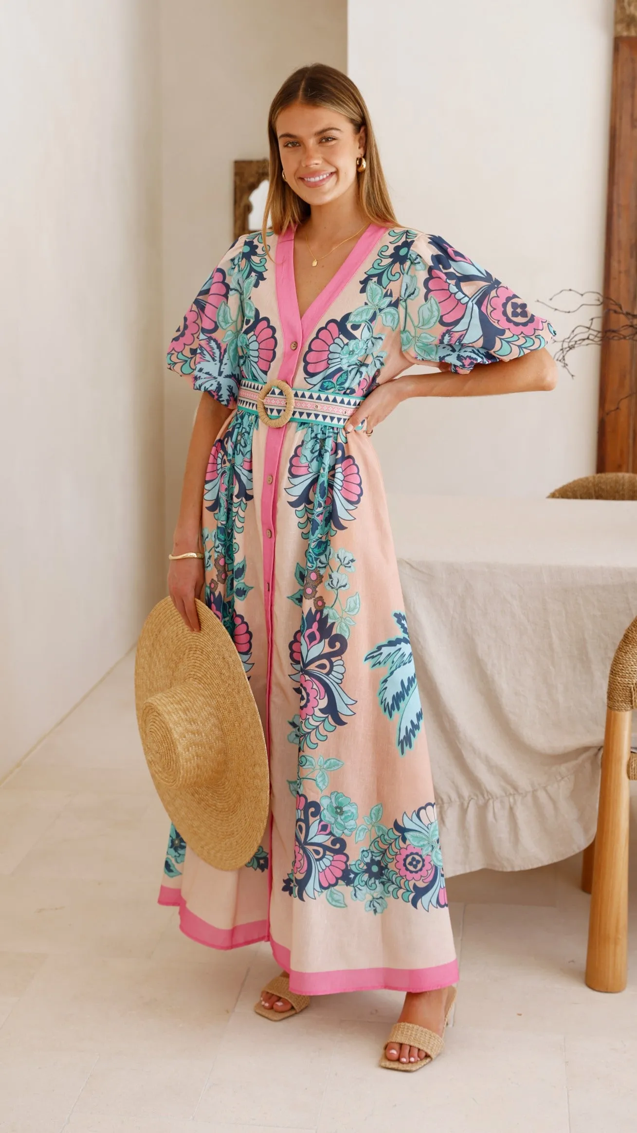 Dali Maxi Dress - Island Bloom Pink High Hemline Feel Good