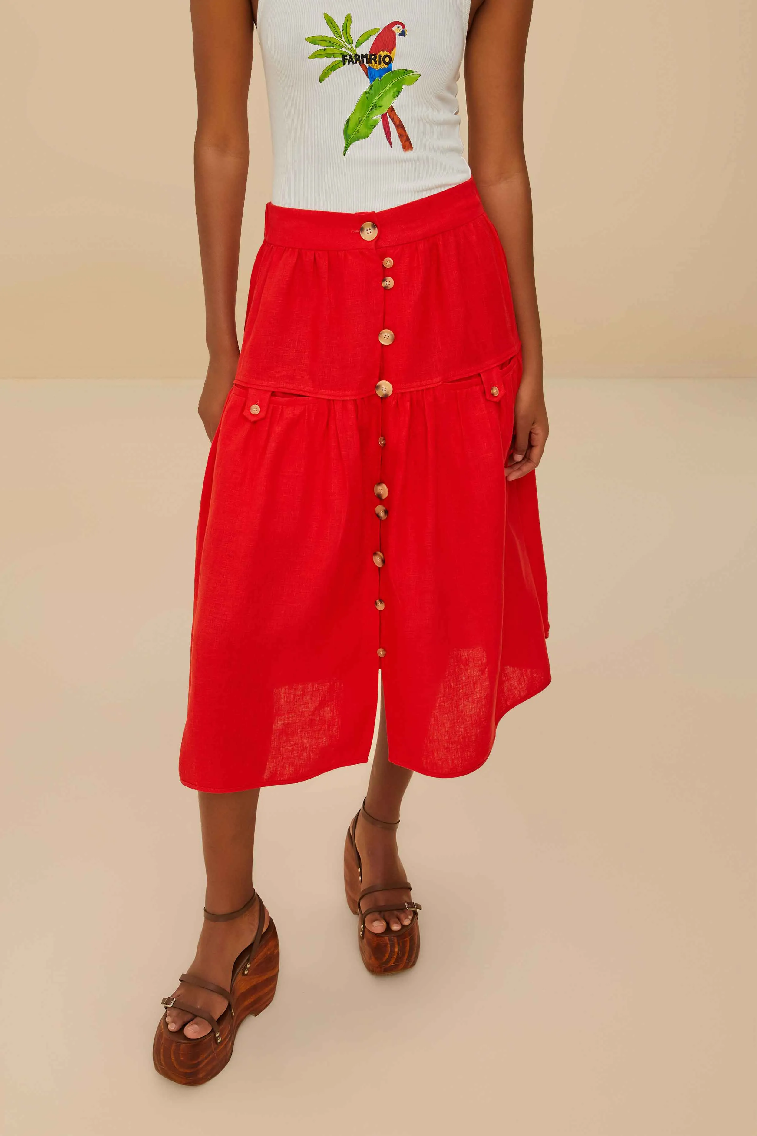 Red Mixed Buttons Euroflax? Premium Linen Midi Skirt Occasion Dressing