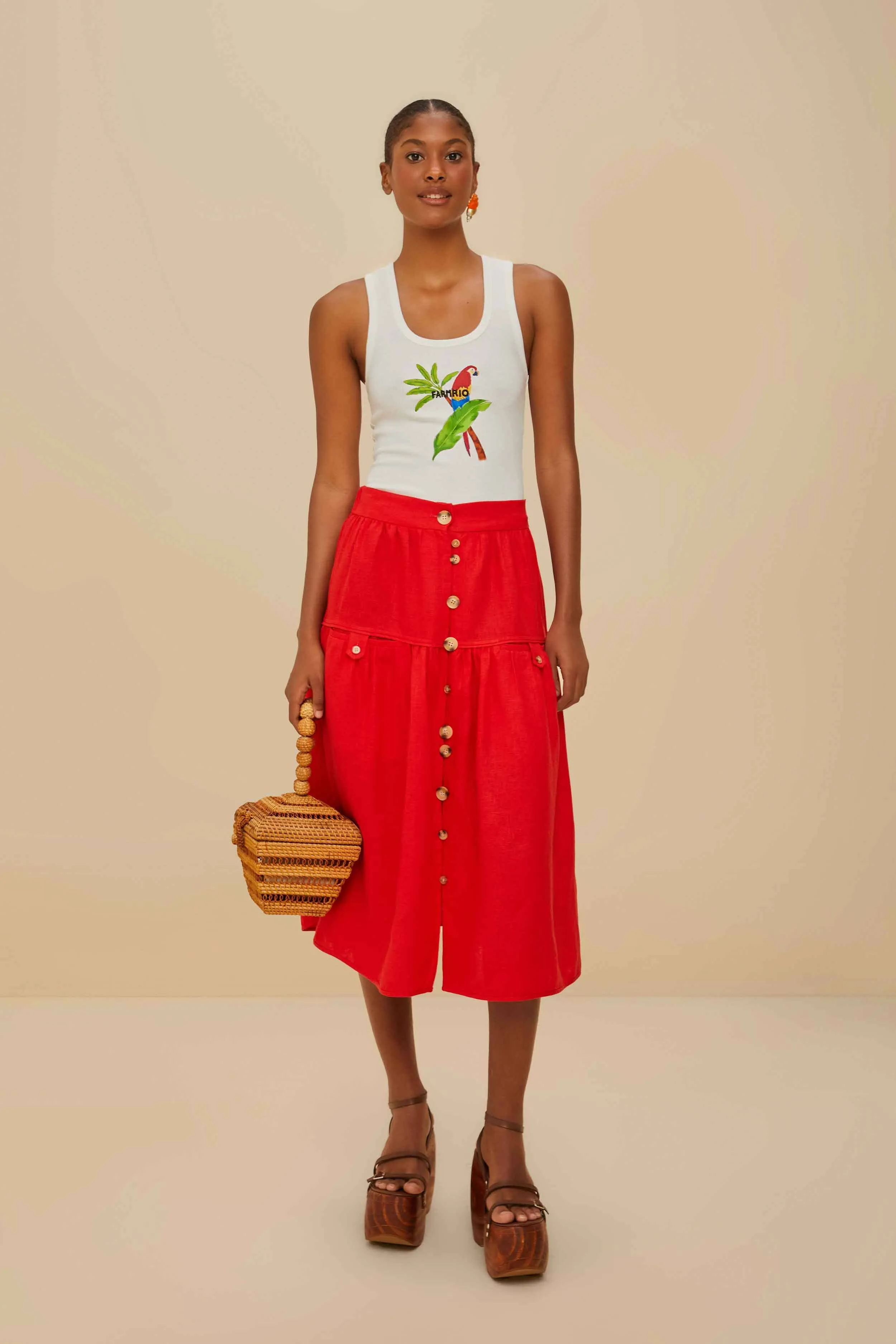Double Stitched Seamless construction Red Mixed Buttons Euroflax? Premium Linen Midi Skirt