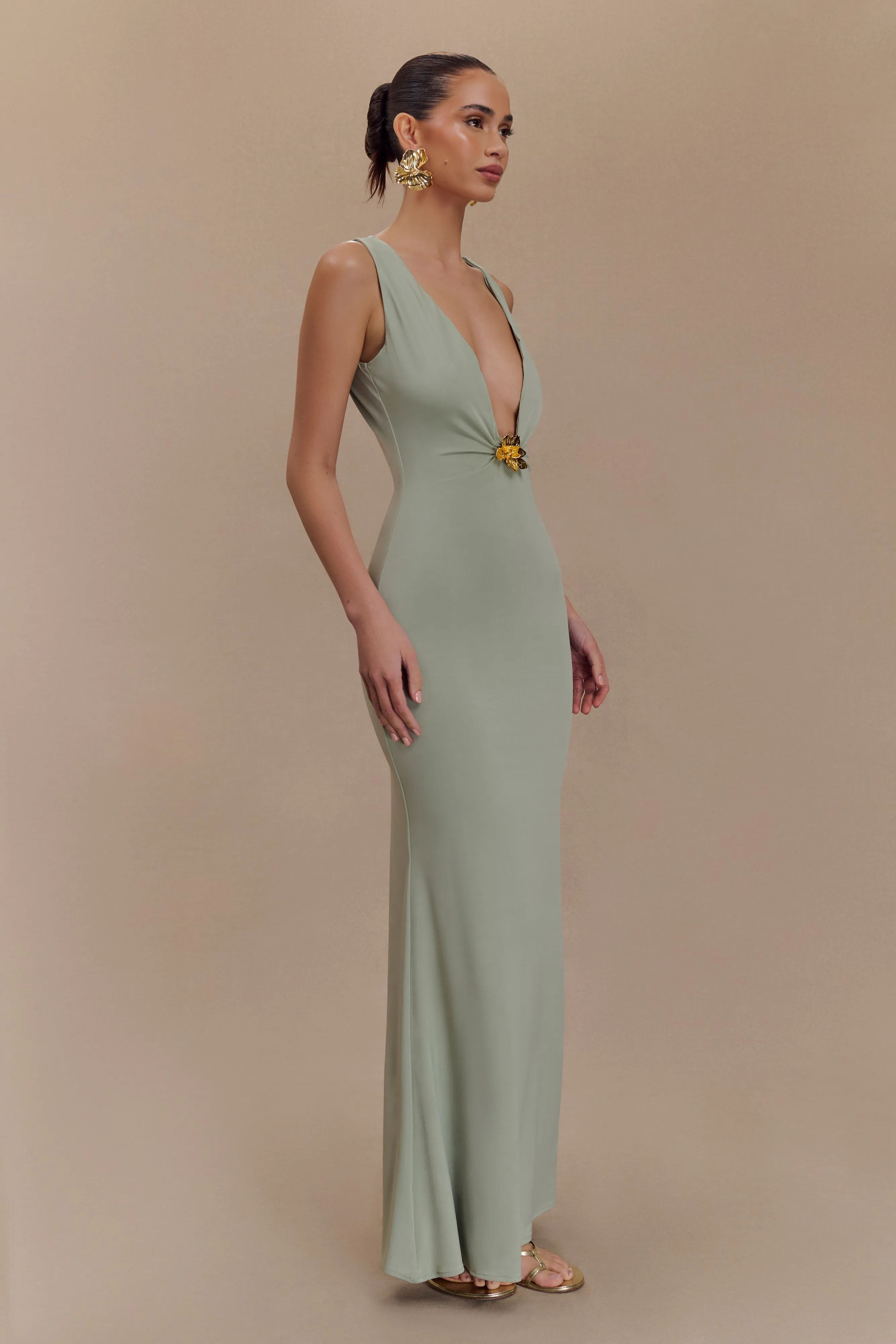 Beck Plunge Maxi Dress With Floral Hardware - Basil Sunset Scene Delicate Touch