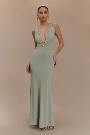 Korean Mood Stylish Mood Beck Plunge Maxi Dress With Floral Hardware - Basil