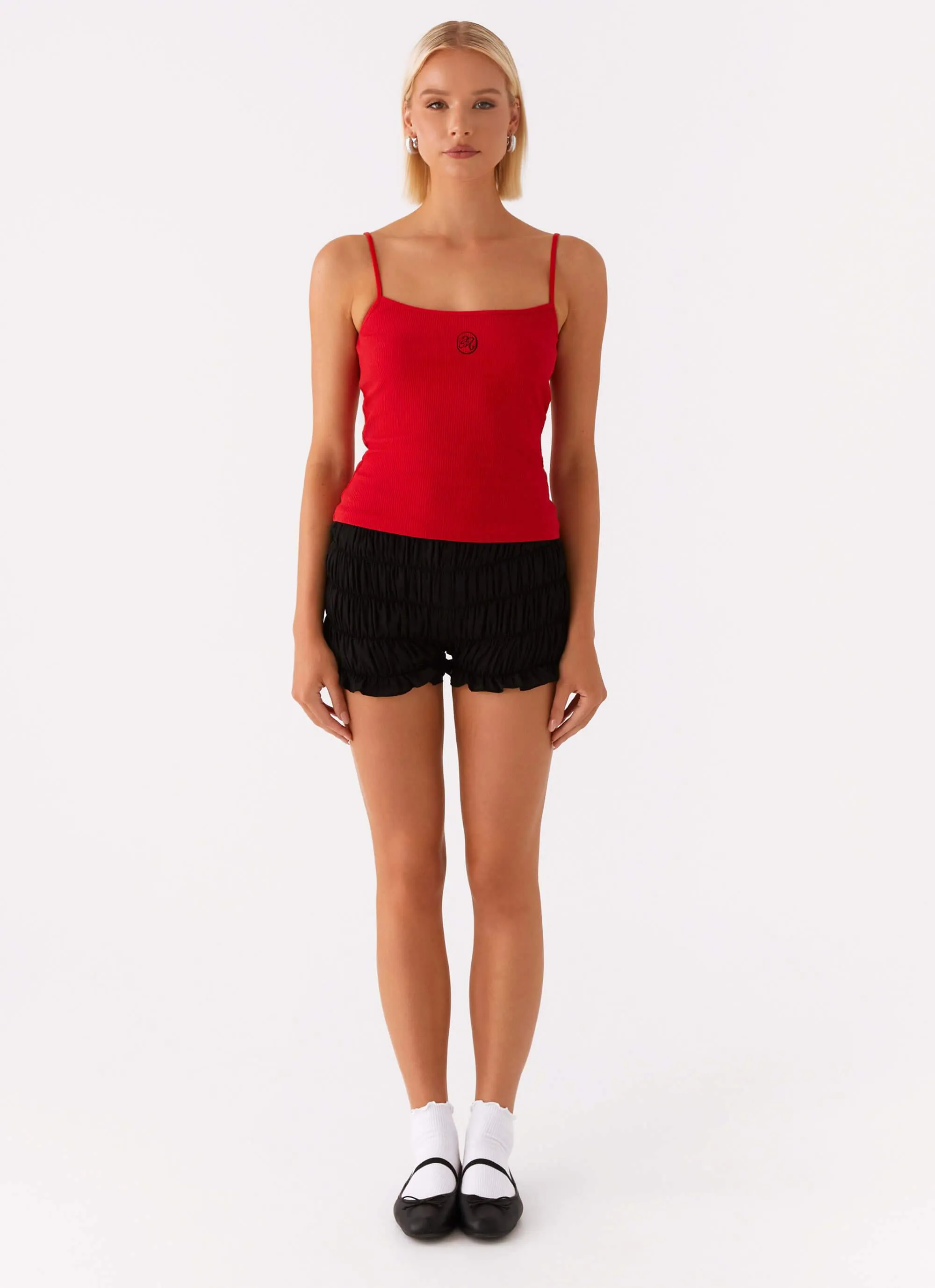 Ribbed Knit Tencel Blend Material Signature Monogram Cami - Red